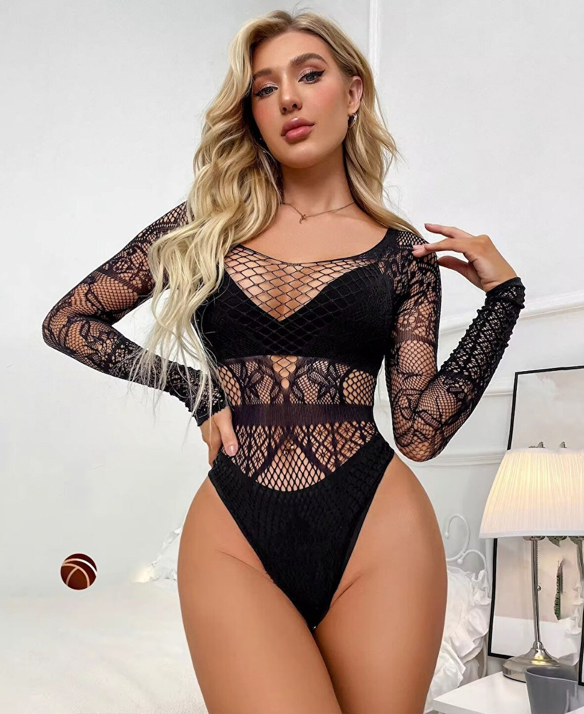 Intive Dekoltesi Fileli Dantel Görünümlü Uzun Kollu Mayokini/Büstiyer/Vücut Çorabı