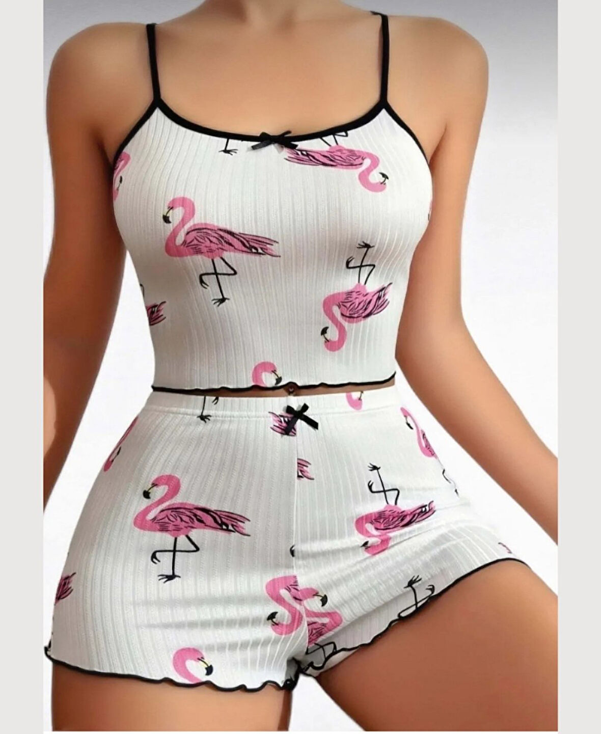 Lily Pembe/Beyaz Flamingo Desenli %100 Pamuk İnce Askılı Büstiyer Şort Takım