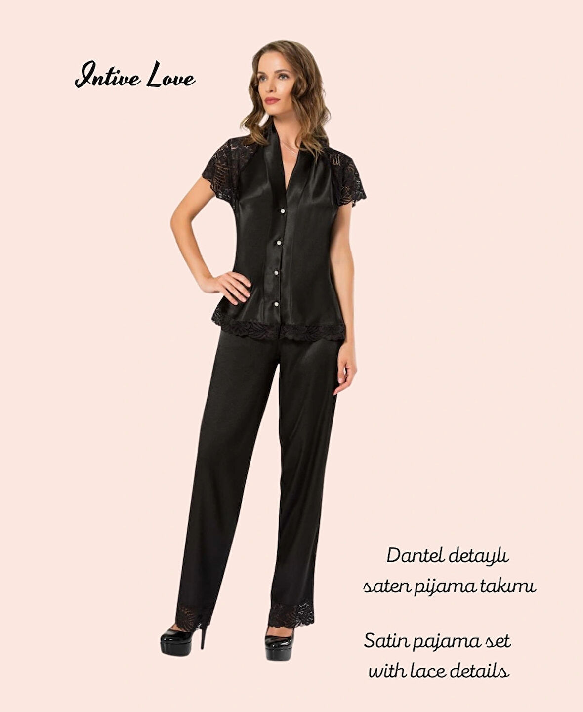 Moongirl Siyah Derin V Dekolte Volan Dantel Detaylı Uzun Kollu Saten Pijama Takımı