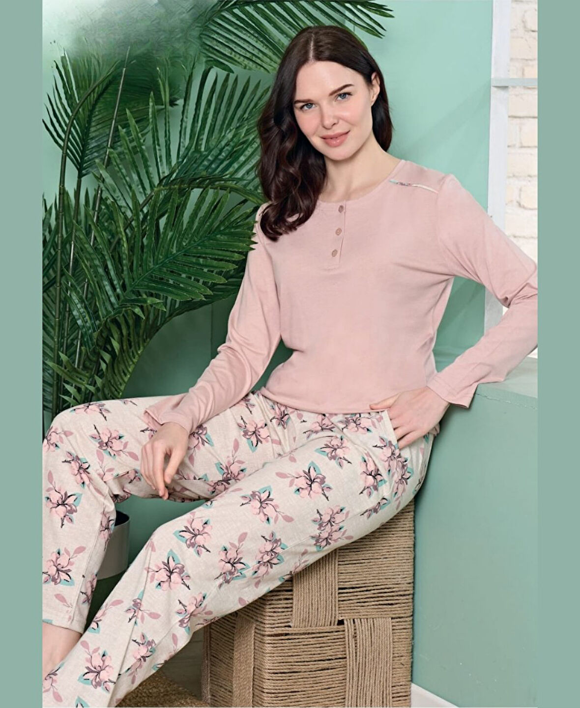 Poleren Modal Kumaş Rahat Gömlek Pantolon/Sıfır Yaka Desenli Düz Battal Pijama Takımları