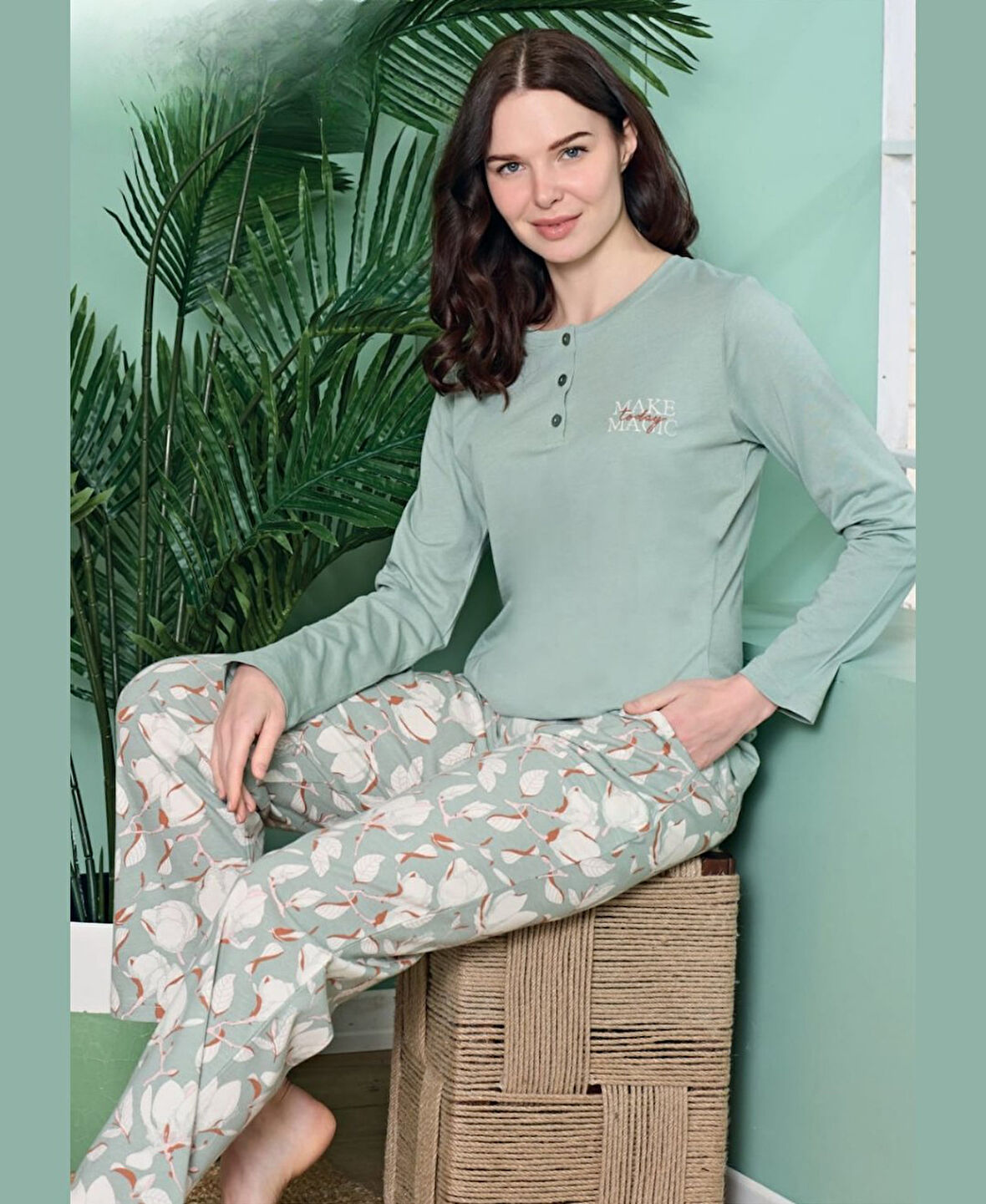 Poleren Modal Kumaş Rahat Gömlek Pantolon/Sıfır Yaka Desenli Düz Battal Pijama Takımları