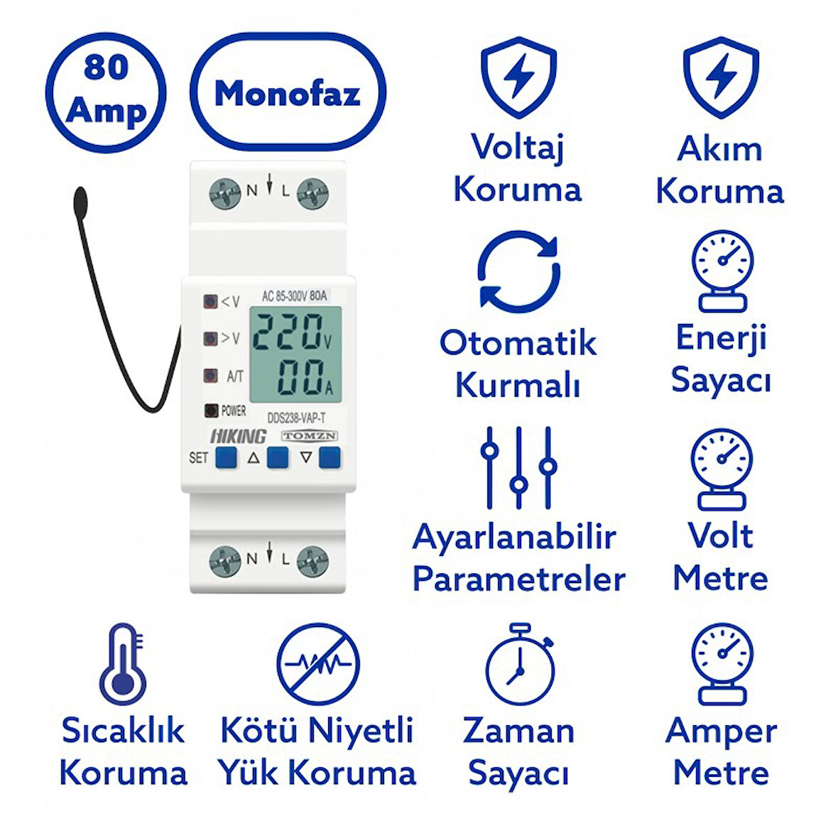 Tomzn Hiking Sıcaklık Korumalı Voltaj ve Akım Koruma Rölesi 80A Dahili Kontaktör Elektrik Bekçisi