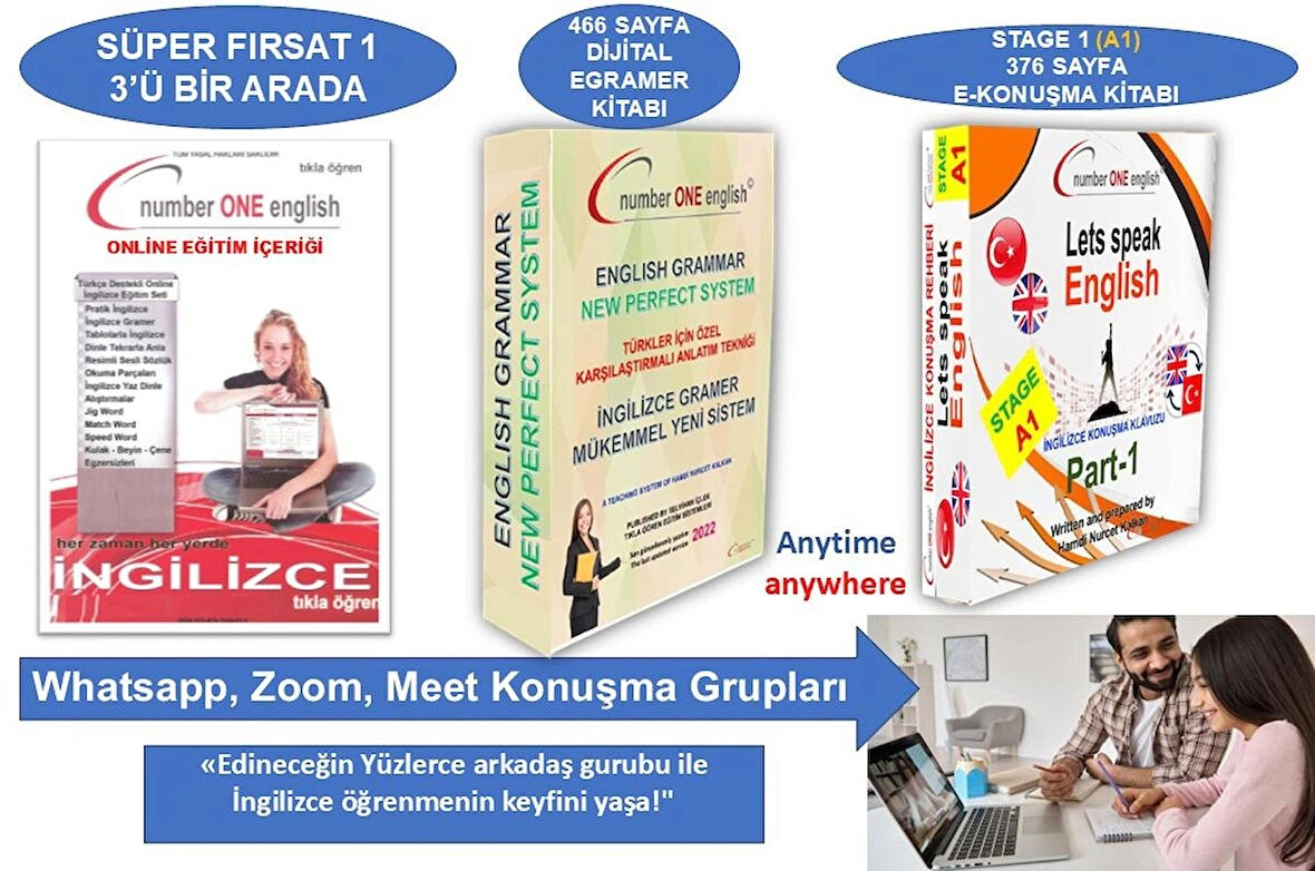 Dijital Elektronik İNGİLİZCE GRAMER KİTABI+A1 KONUŞMA KILAVUZU … Number One English 50 Saat Online Paket Eğitim+ Elektronik Sınav+ 7/24 WhatsApp- Zoom- Google Meet konuşma Grupları ve Canlı Destek – EZBER BOZAN SİSTEM- EFSANE İNDİRİMLE YILLIK 99-TL