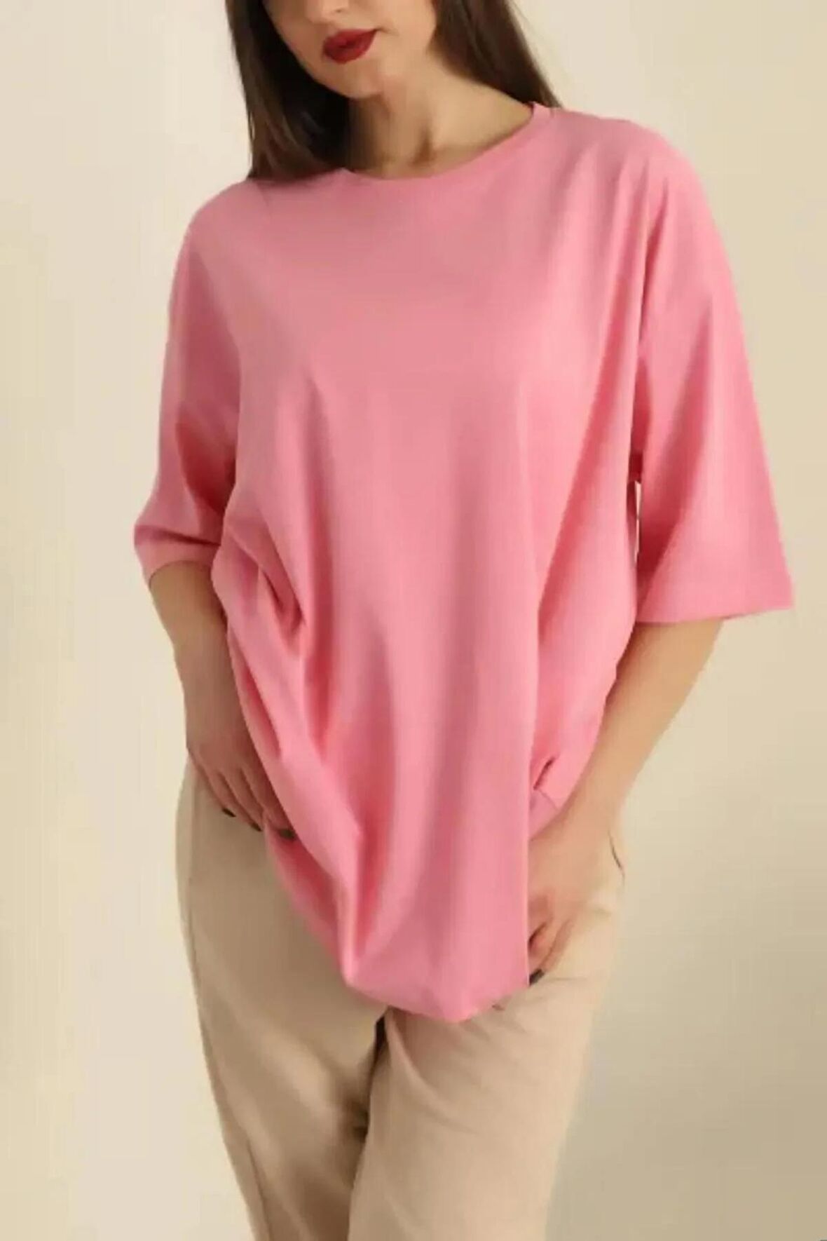 Pembe  Bisiklet Yaka Oversize Kadın Tişört