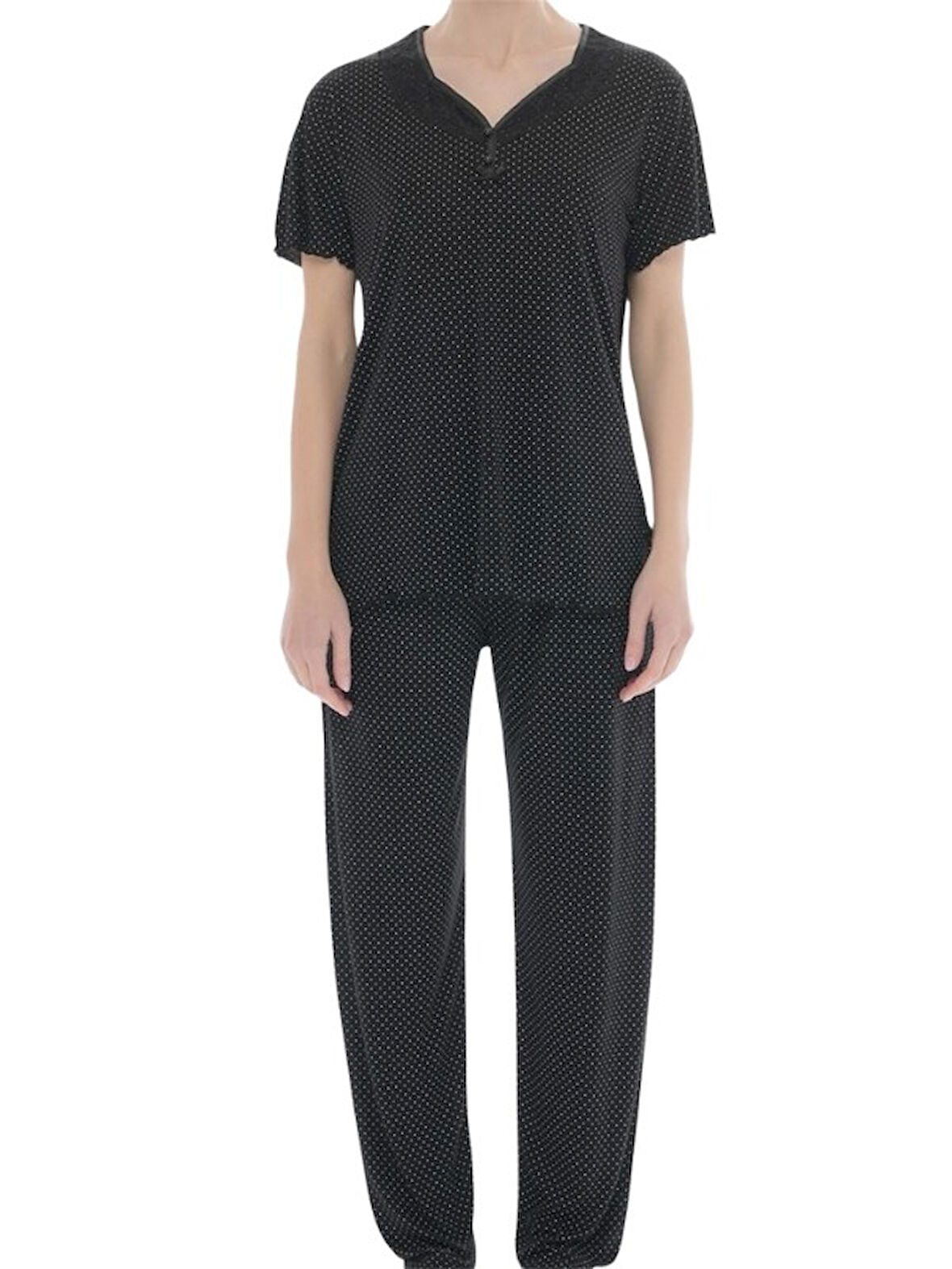 Kadın Desenli Bambu %100 Pamuk Yazlık Kısa Kol Pijama Takımı-Geniş Kesim Anne Kalıp