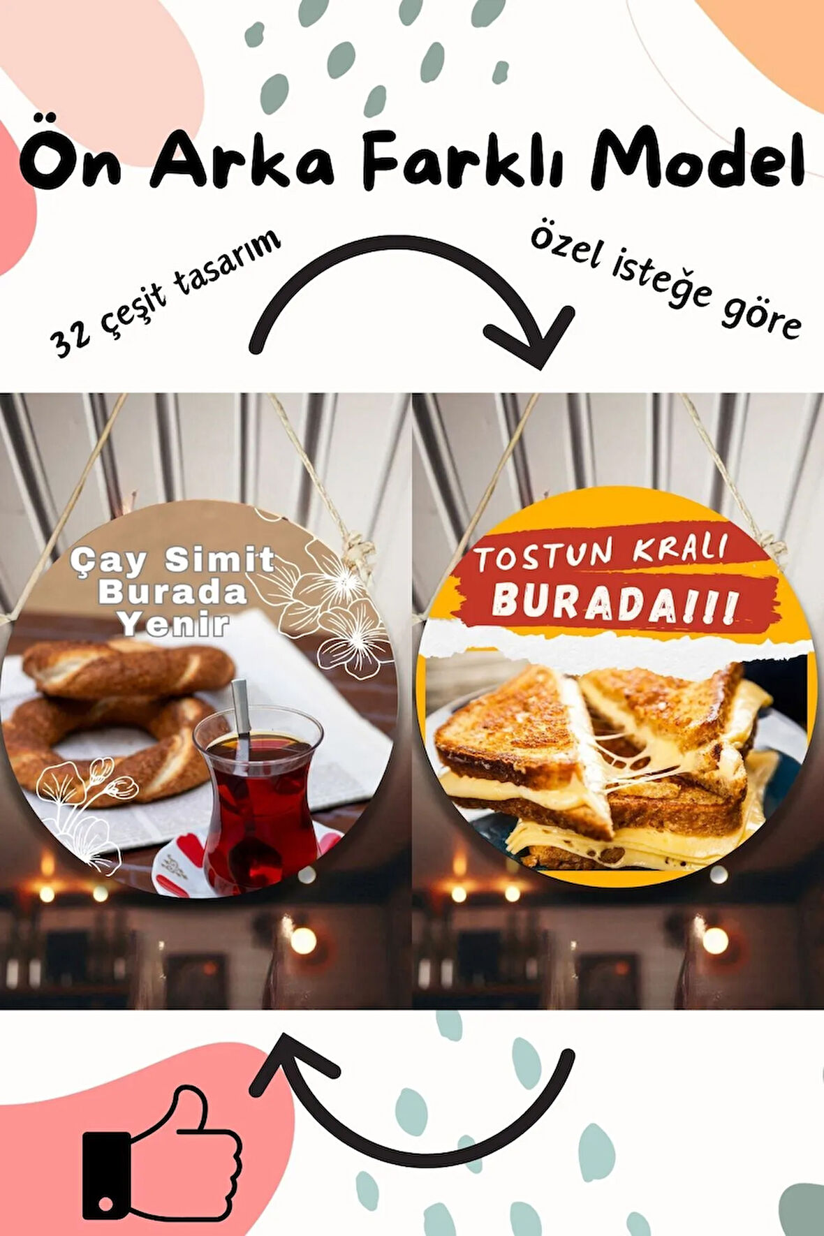 Yiyecek Dükkanı için Çift Taraflı Özel Seçmeli Duvar, Kapı, Askılı Pano Karşılama Tabelası, Süs
