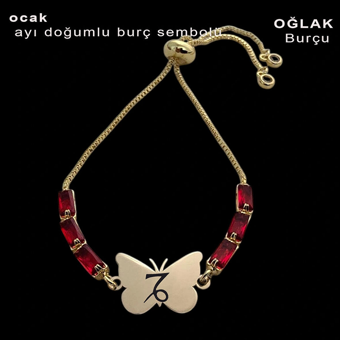 Kırmızı Taşlı Kelebek Figürlü 14 Ayar Altın Plakalı Özel Burç Sembolüyle Ocak Bilekliği