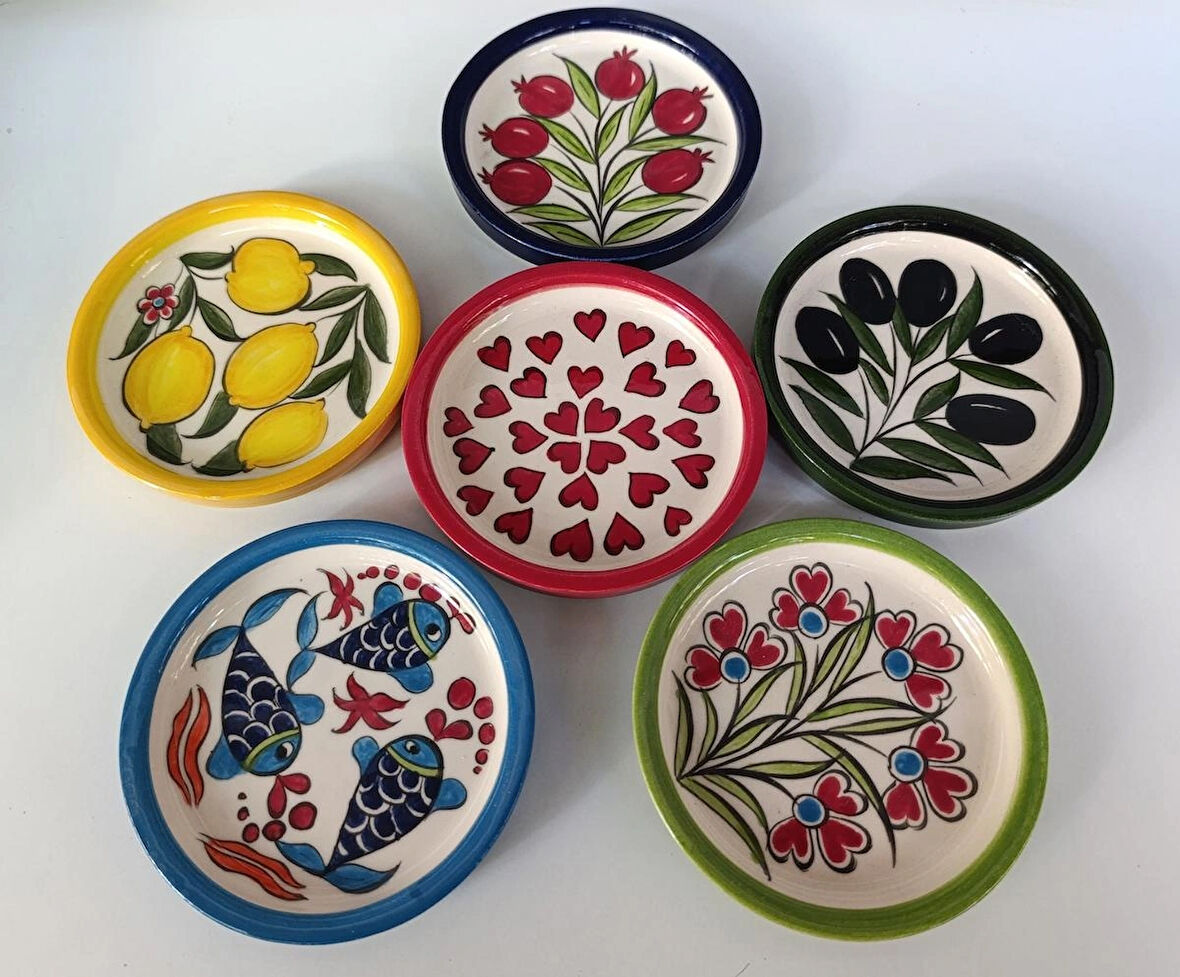 El yapımı 6'li 12 cm dikkenar seramik sunumluk  tabak