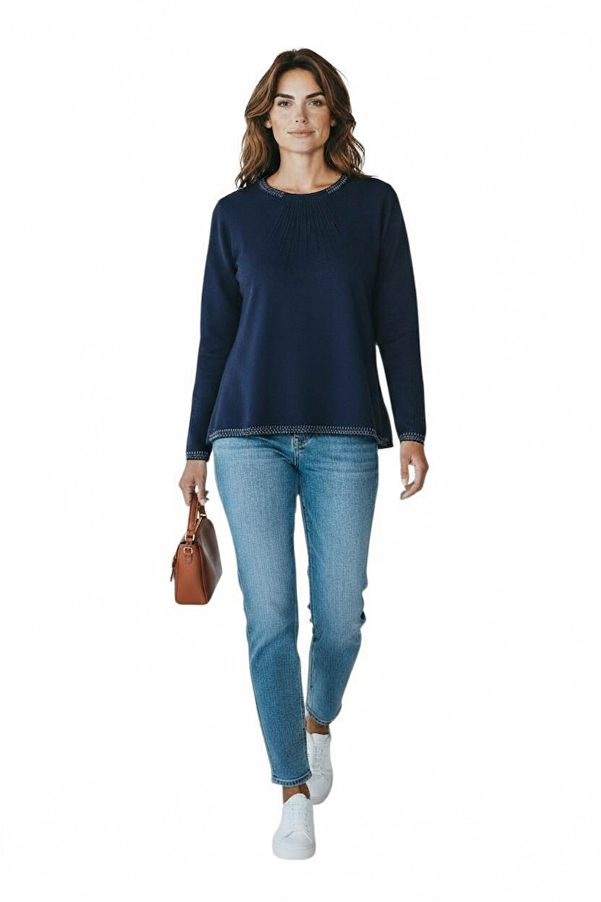 KADIN YAKA VE KOL AĞZI TAŞLI ETEK DESENLİ BLUZ