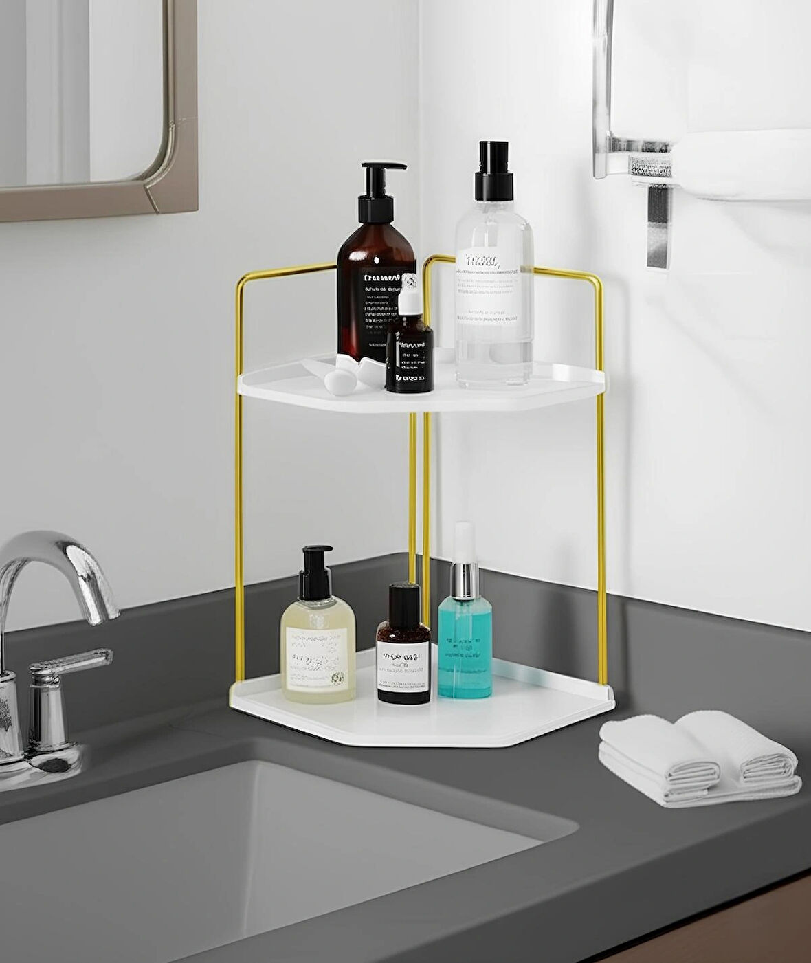 Dekoratif 2 Katlı Raf | Çok Amaçlı Organizer Paslanmaz Çelik & Ahşap Stand – Salon, Mutfak, Banyo, Çalışma Alanı İçin
