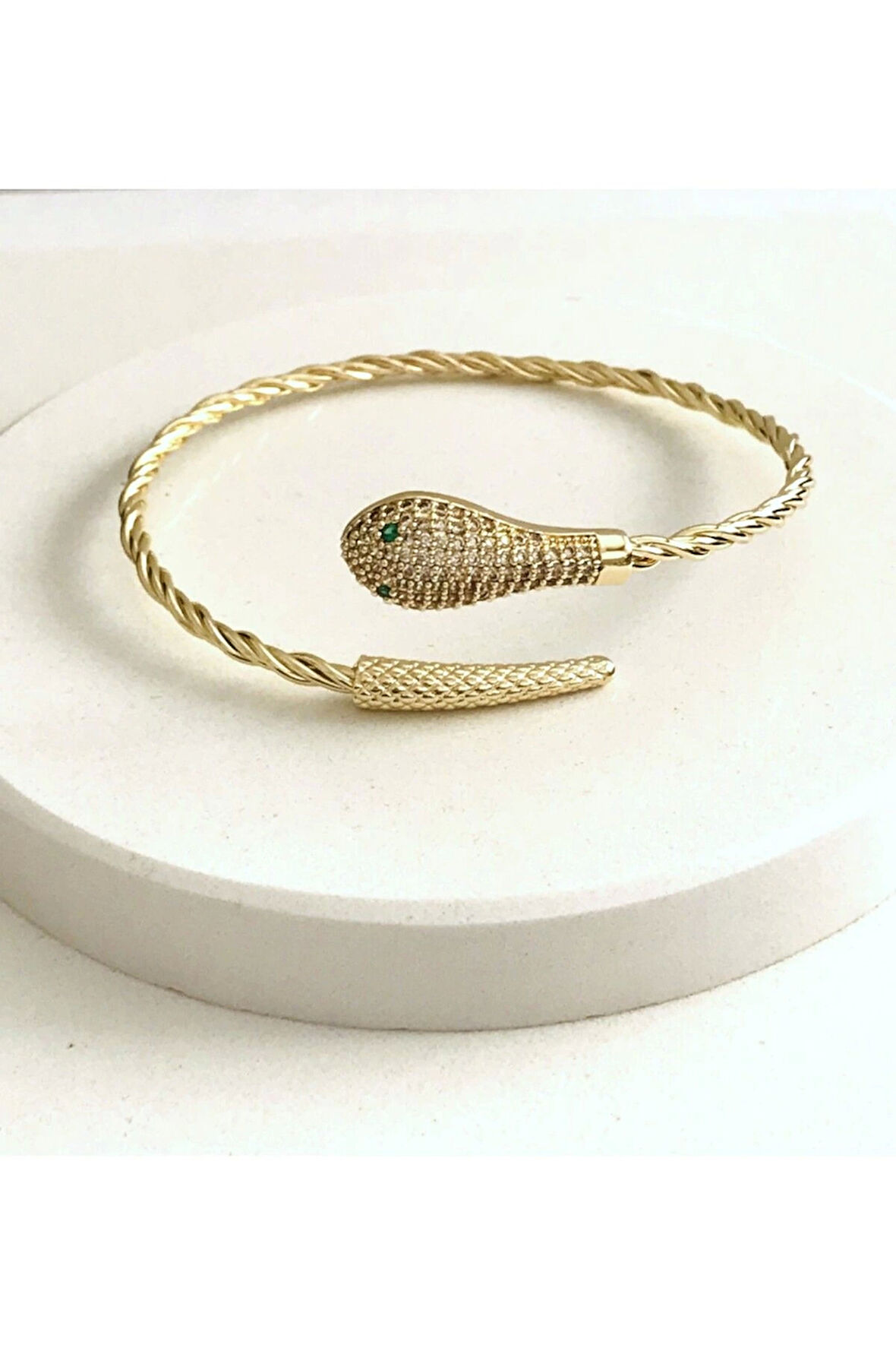 Vip Zirkon Taşlı Yılan Kelepçe Bileklik Gold