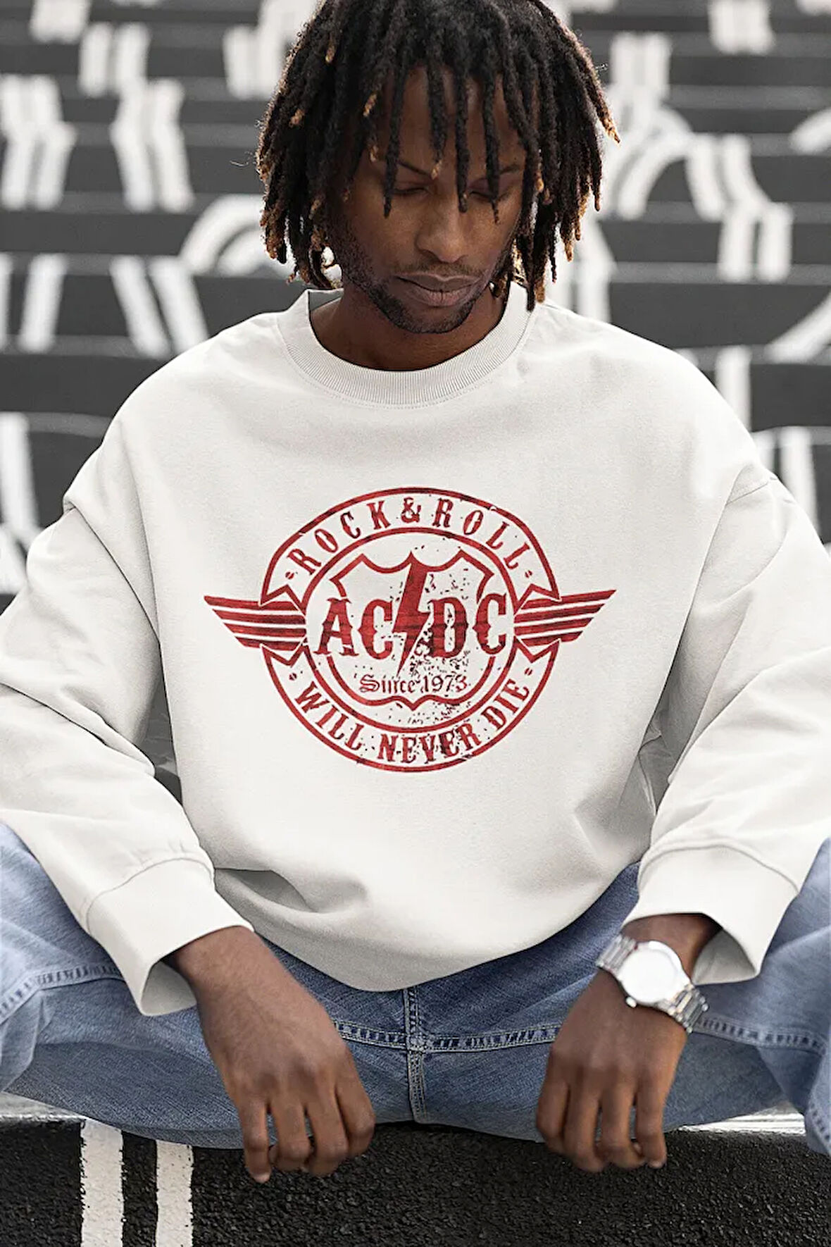 Rock & Roll AC DC Yazılı Unisex Oversize Will Never Die Sweatshirt