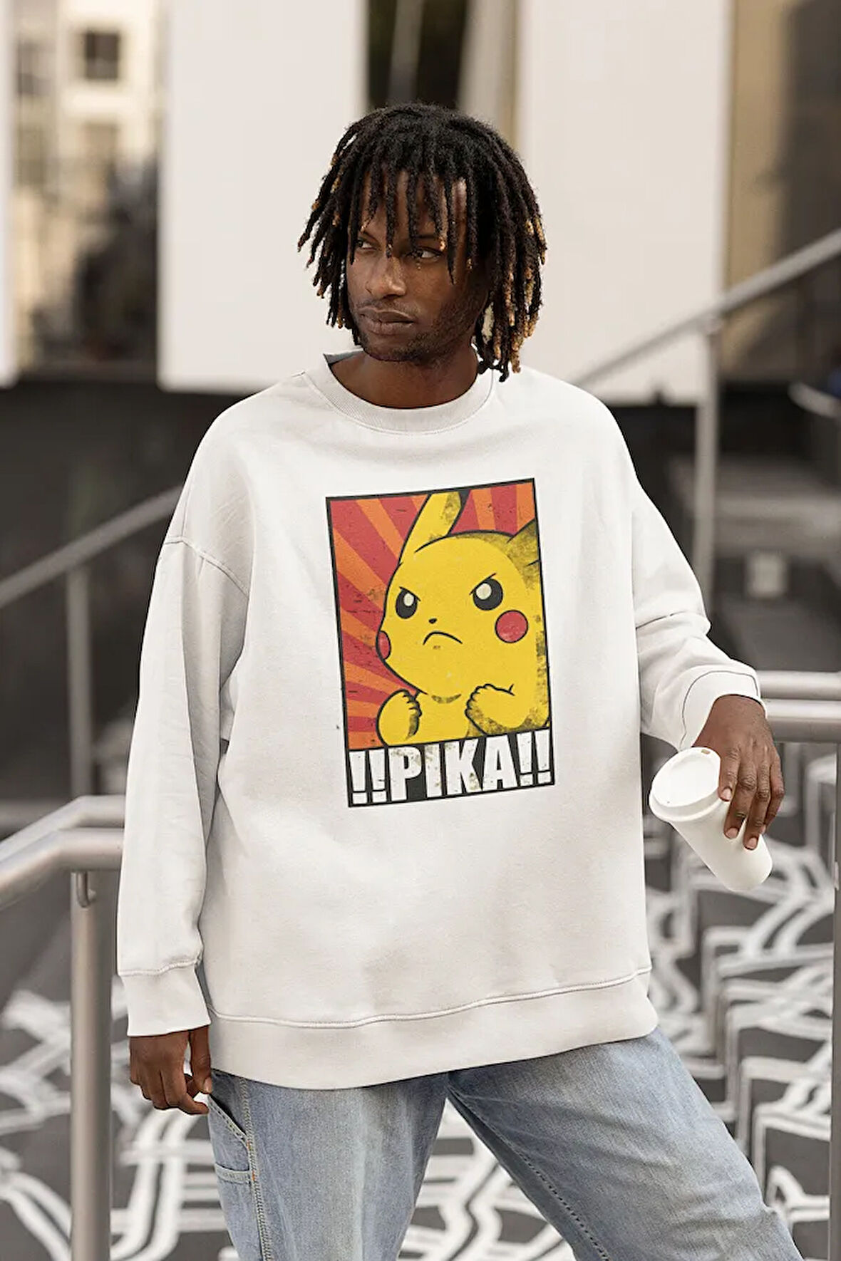 Pikaçu Baskılı Unisex Oversize Pokemon Çizgi Film Sweatshirt