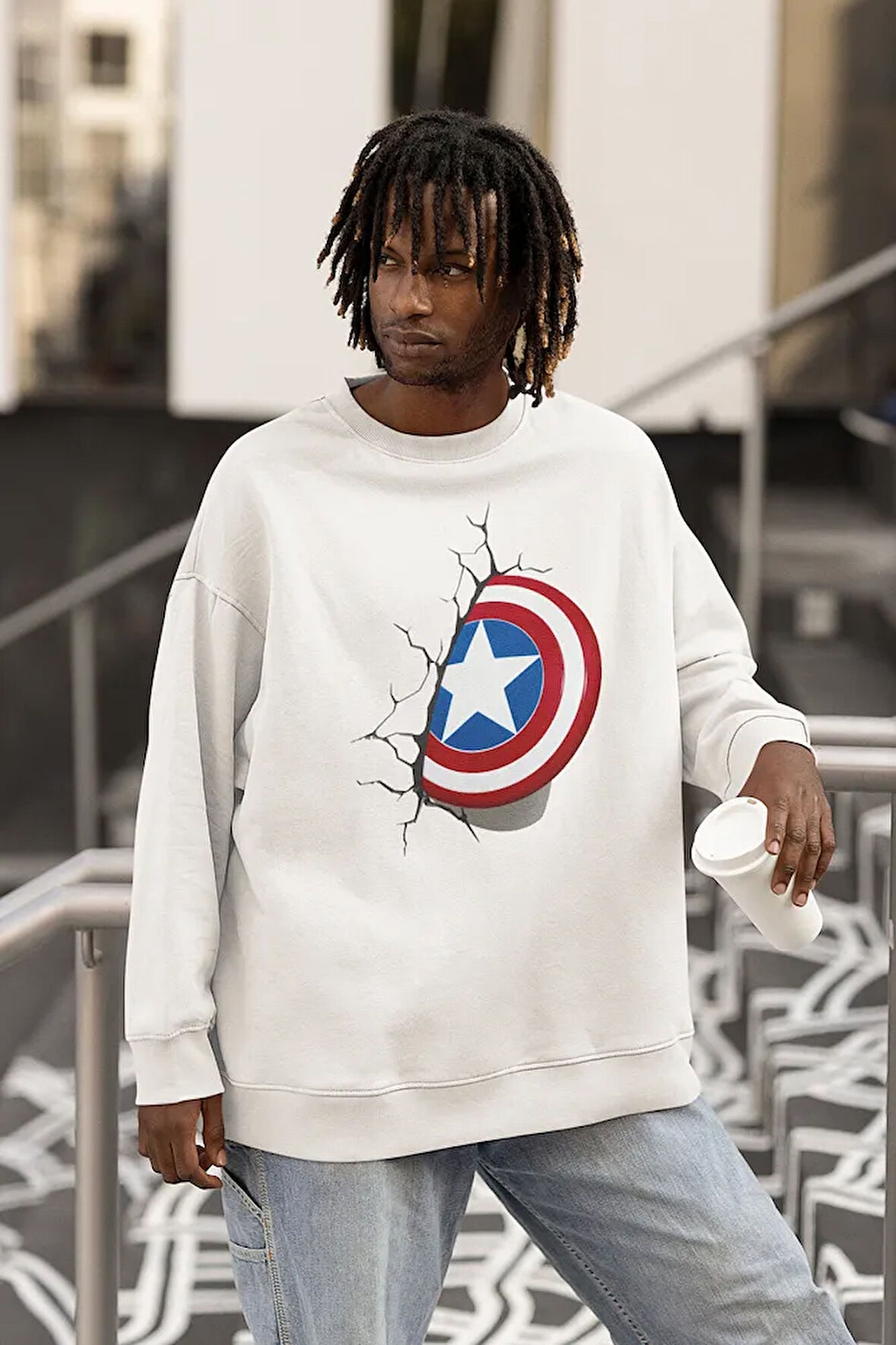 Marvel Kaptan Amerika Kalkan Baskılı Unisex Oversize Avengers Sweatshirt