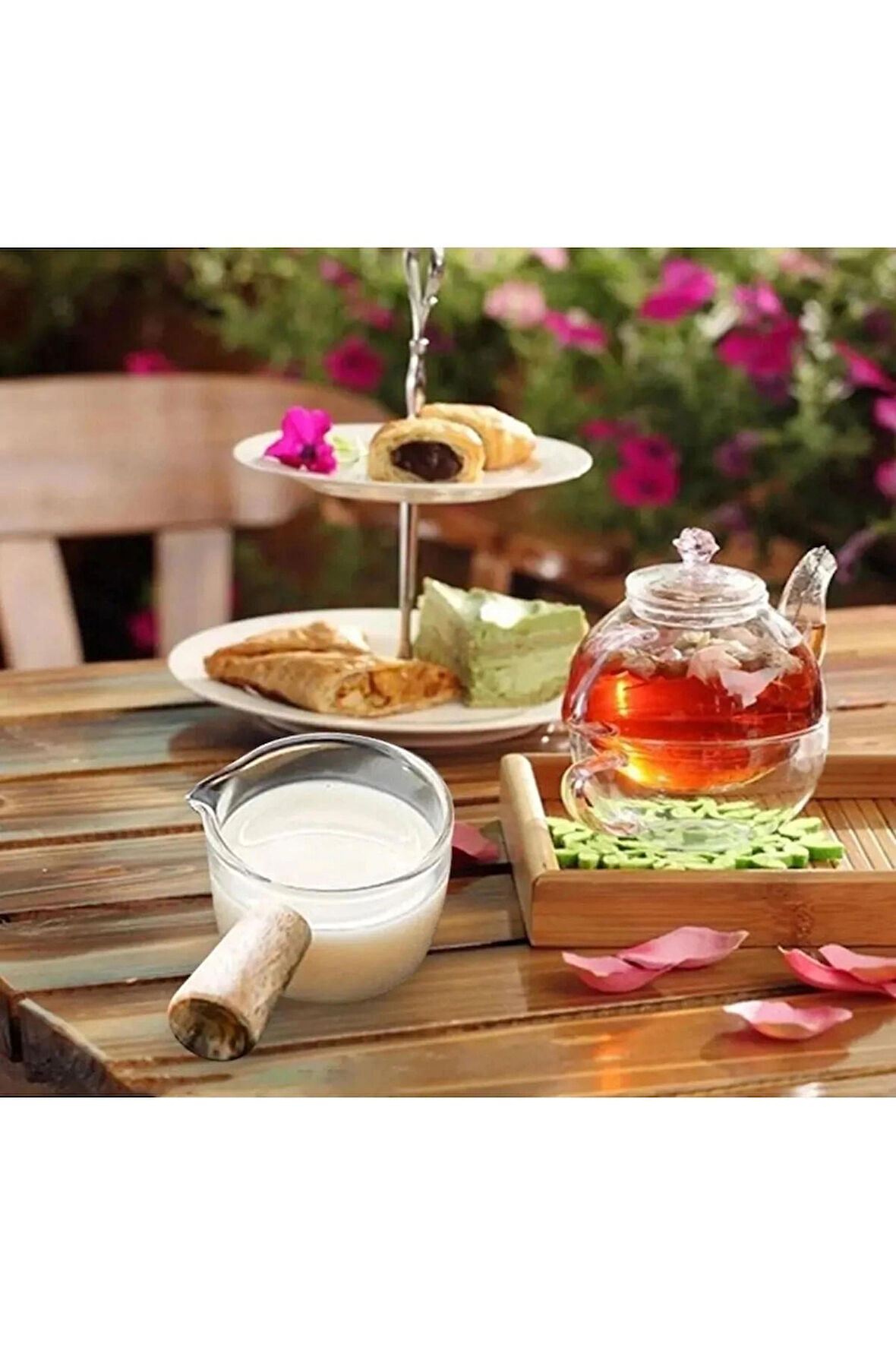 Ahşap Saplı Borosilikat Cam Sütlük Sunumluk Sosluk | Cam Sosluk Kahvaltı Sosluğu | 100 Ml