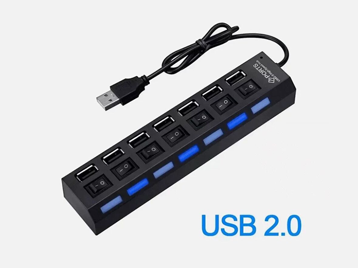 7 Port Girişli USB Hub Çoklayıcı On Off Anahtarlı Switch Işıklı Usb Adaptör Istasyonu