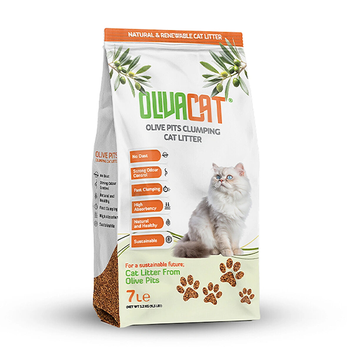Zeytin Çekirdeğinden Üretilen Doğal Tozsuz Kedi Kumu 7 L