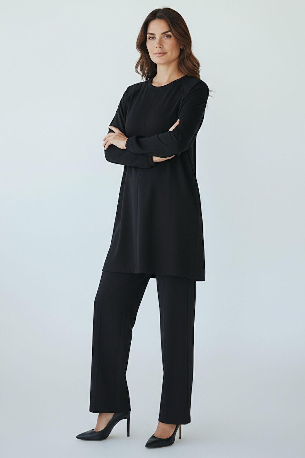 KADIN TUNİK ÖNÜ DİKİŞLİ ALTI BANTLI PANTOLONUN BELİ LASTİKLİ ÖNÜ DİKİŞLİ İKİLİ TAKIM