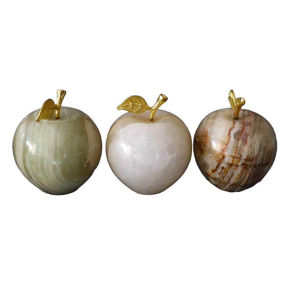 3'lü Doğal Oniks Taş Elma Biblo Seti - Dekoratif Şık Obje | Ev ve Ofis İçin Süs Eşyası