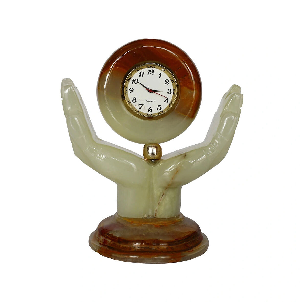 El Yapımı Doğal Taş El Şeklinde Masa Saati - Şık Dekoratif Oniks Saat ve Hediyelik Eşya