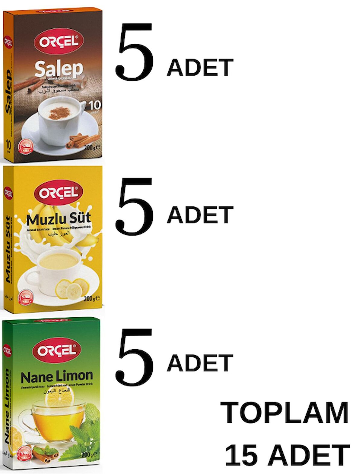 Orçel 5 Muzlu Süt + 5 Sahlep + 5 Nane Limon Aromalı İçecek Tozu Oralet Çay 15x200gr.