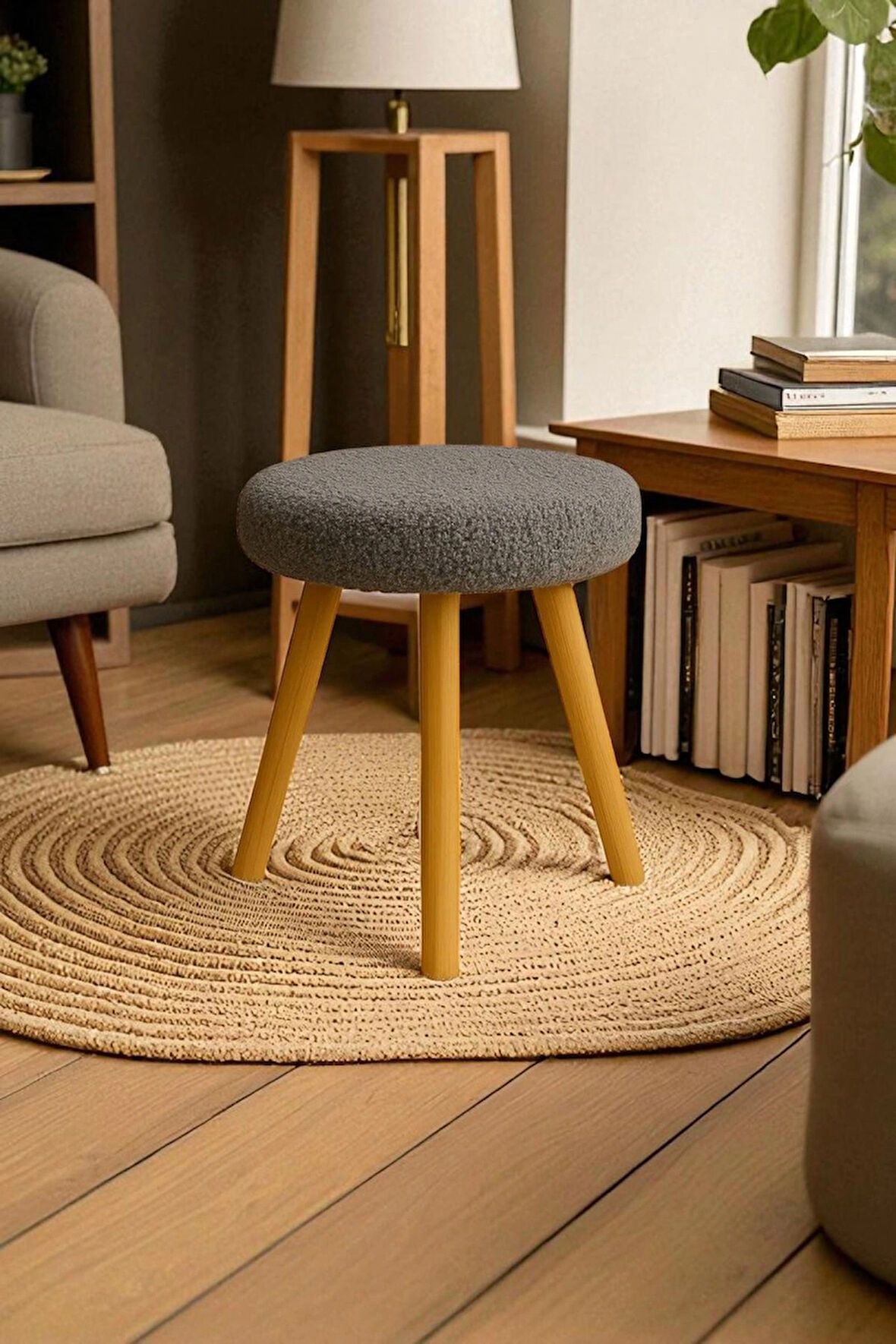 ORINA Yuvarlak Peluş Modern Teddy Puf Bench – Retro Ahşap Ayaklı Tabure