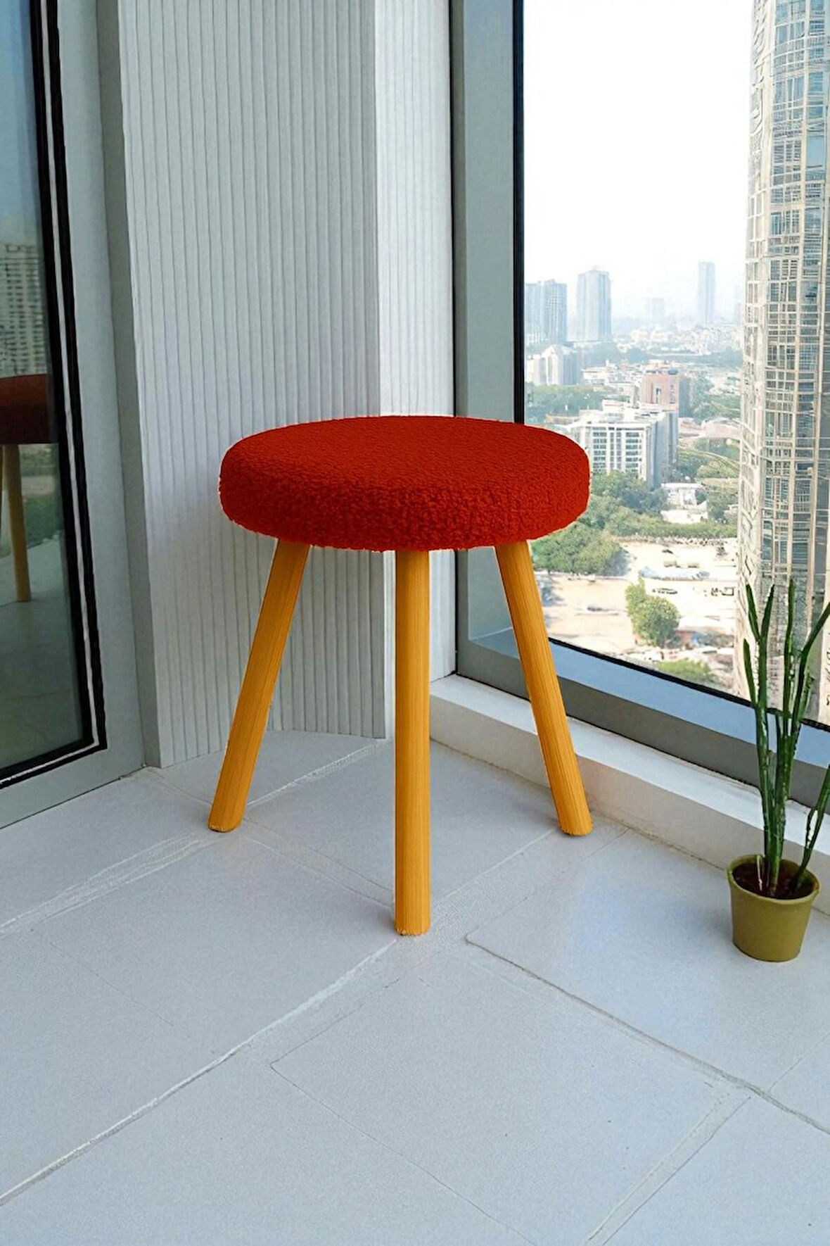 ORINA Yuvarlak Peluş Modern Teddy Puf Bench – Retro Ahşap Ayaklı Tabure