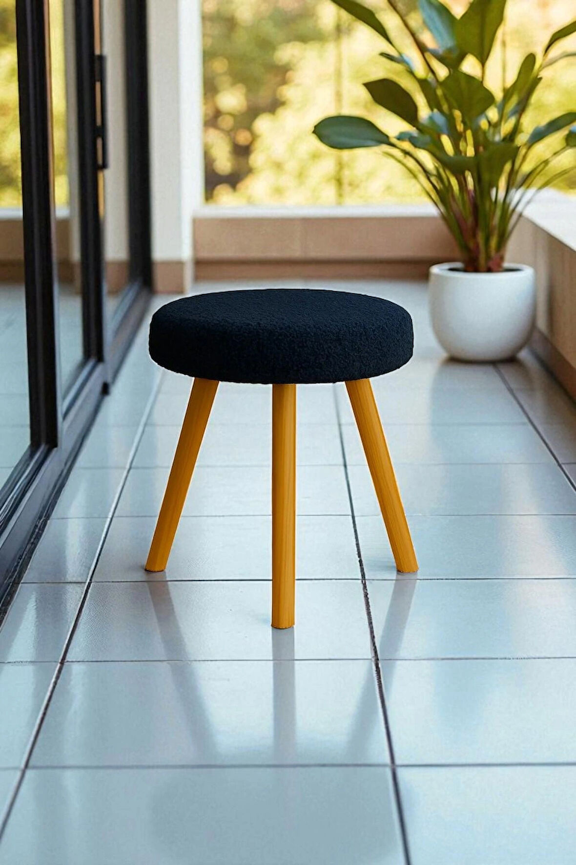 ORINA Yuvarlak Peluş Modern Teddy Puf Bench – Retro Ahşap Ayaklı Tabure