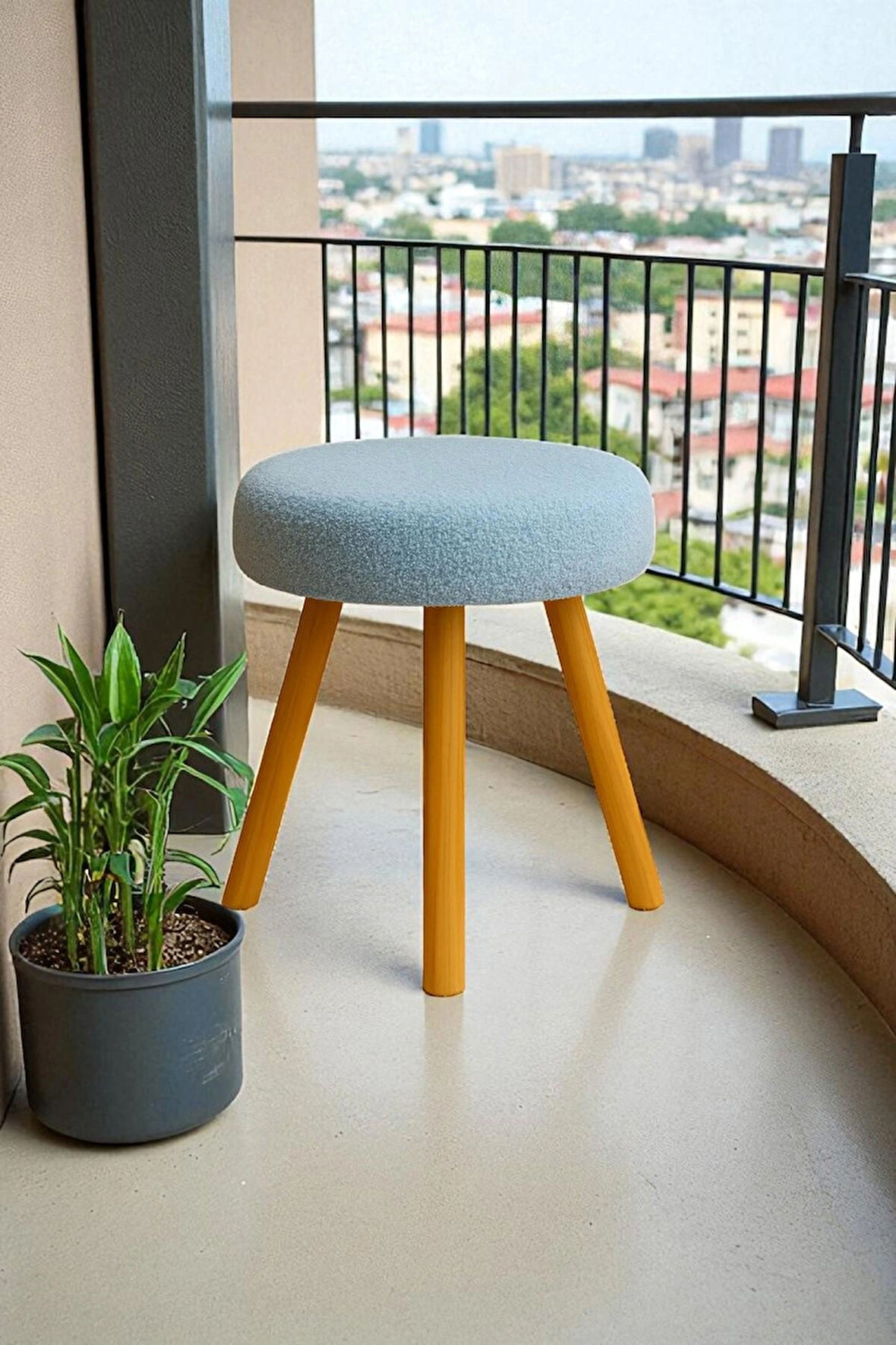 ORINA Yuvarlak Peluş Modern Teddy Puf Bench – Retro Ahşap Ayaklı Tabure