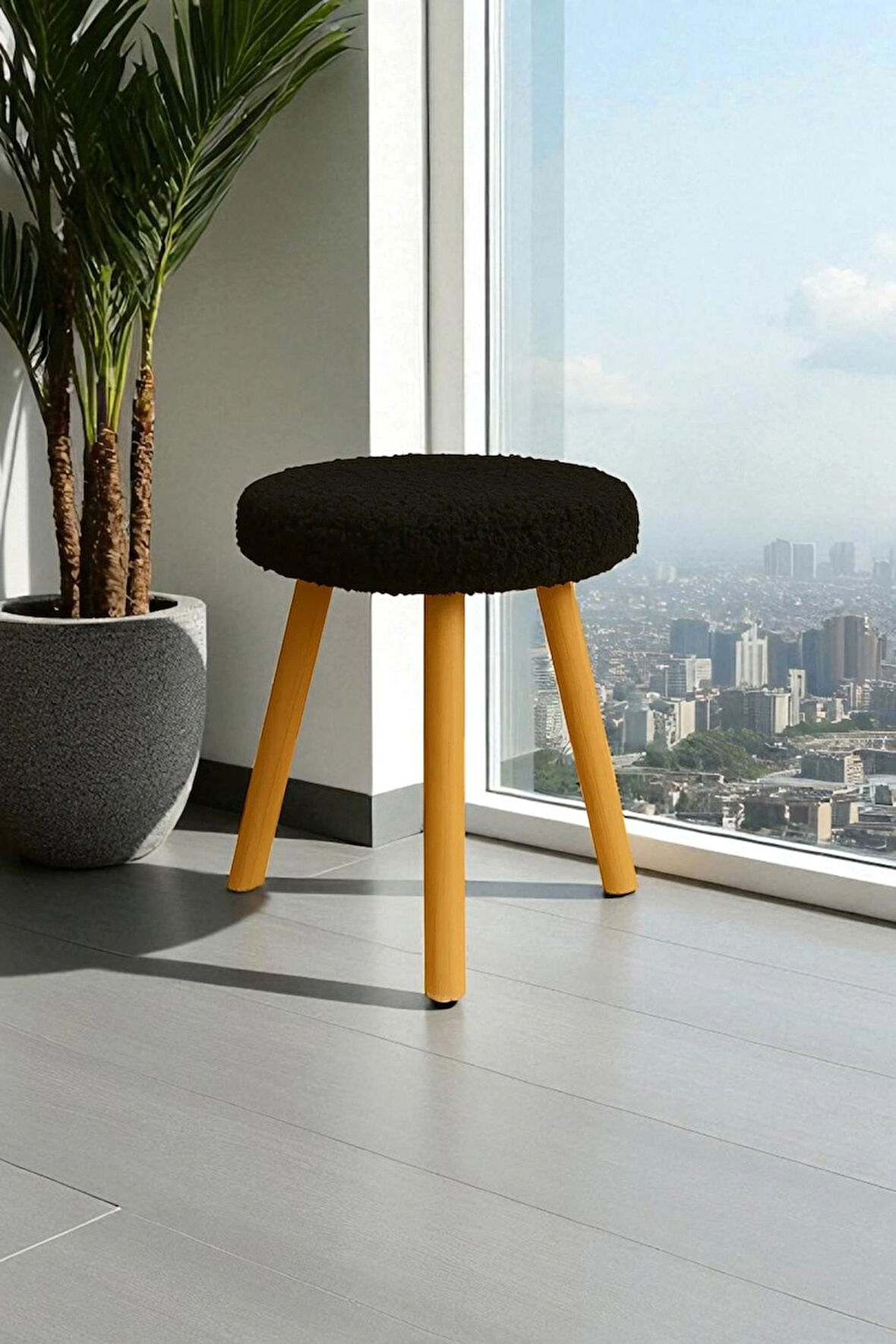 ORINA Yuvarlak Peluş Modern Teddy Puf Bench – Retro Ahşap Ayaklı Tabure