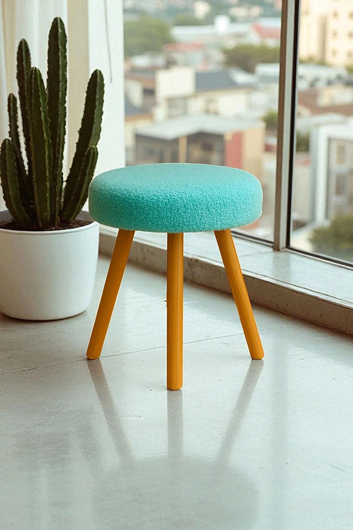ORINA Yuvarlak Peluş Modern Teddy Puf Bench – Retro Ahşap Ayaklı Tabure