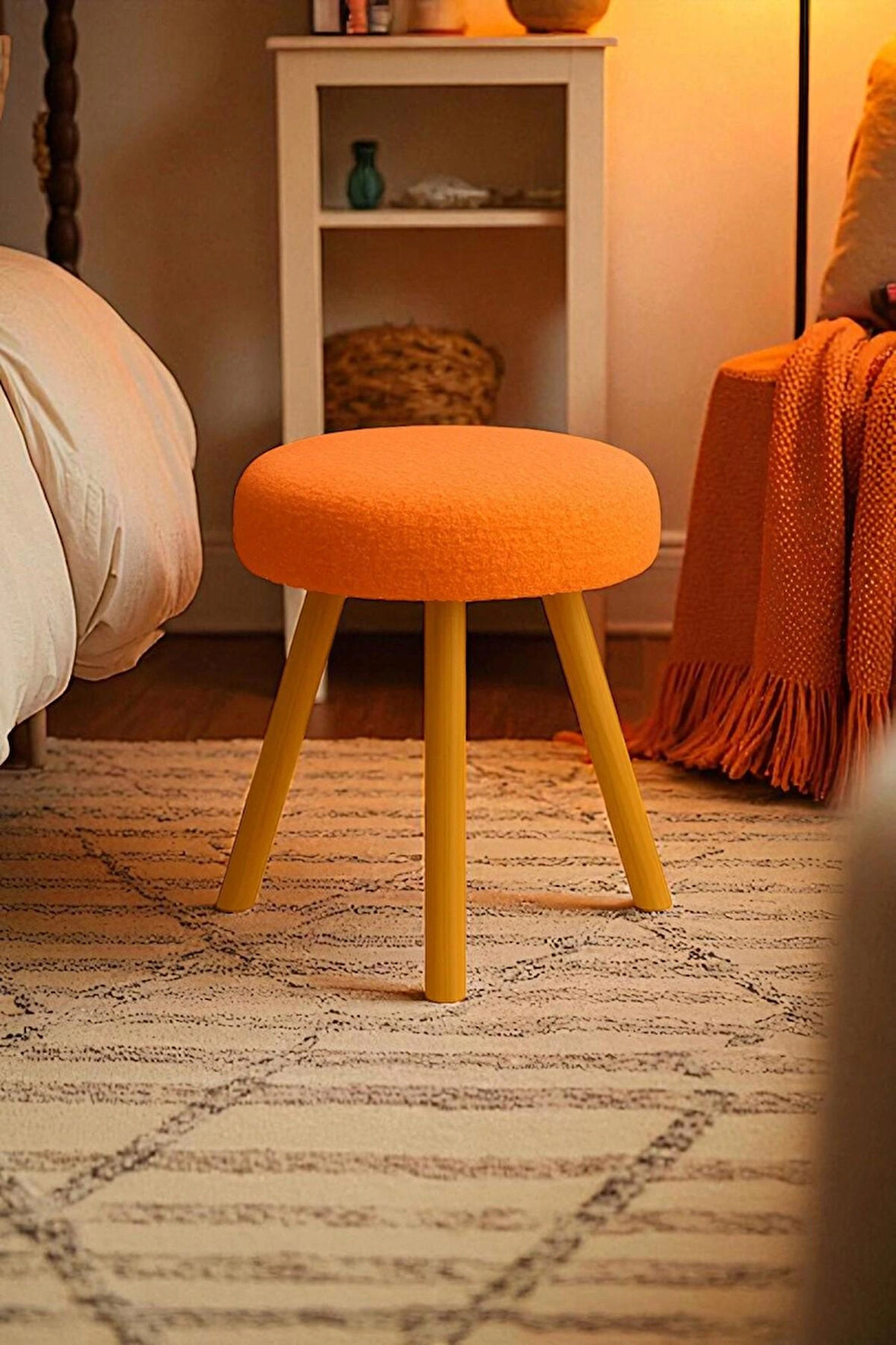ORINA Yuvarlak Peluş Modern Teddy Puf Bench – Retro Ahşap Ayaklı Tabure