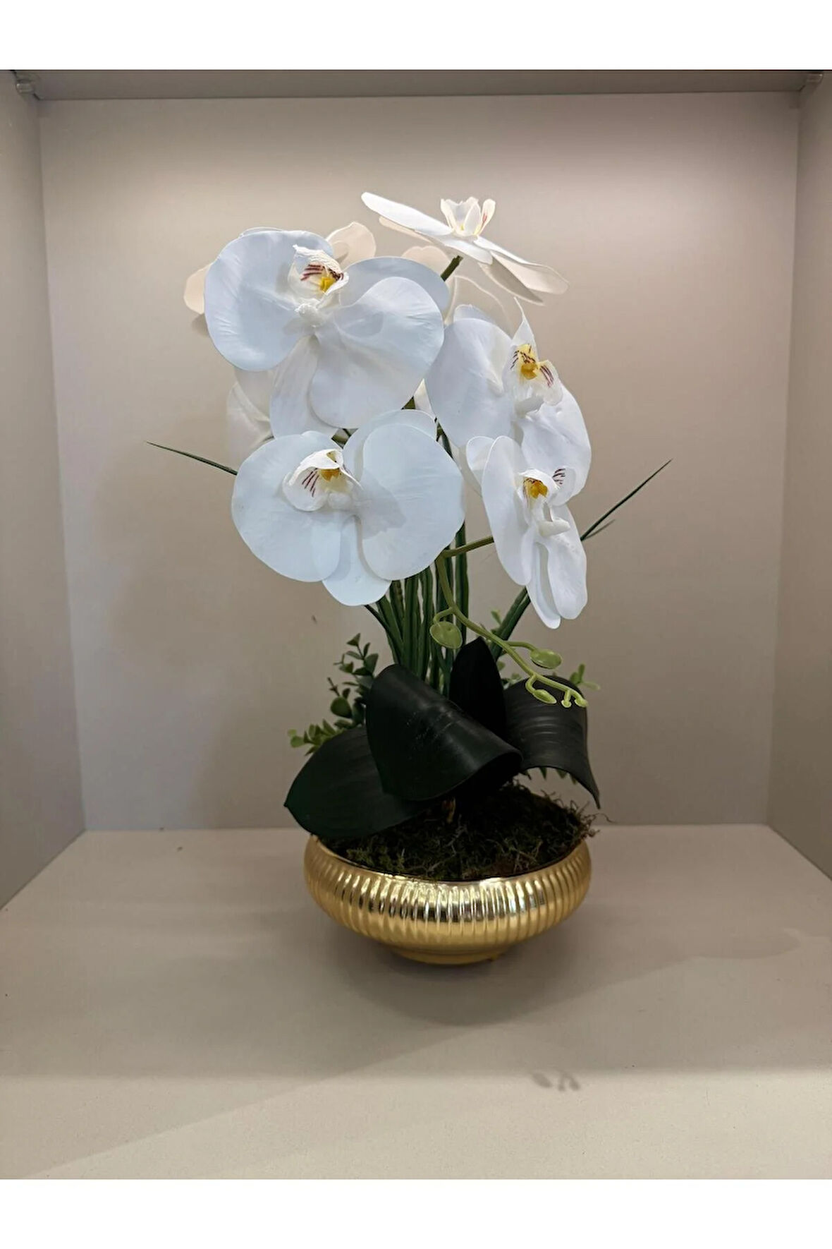 Yapay Orkideli Küçük Boy Çizgili Yassı Vazo No:2