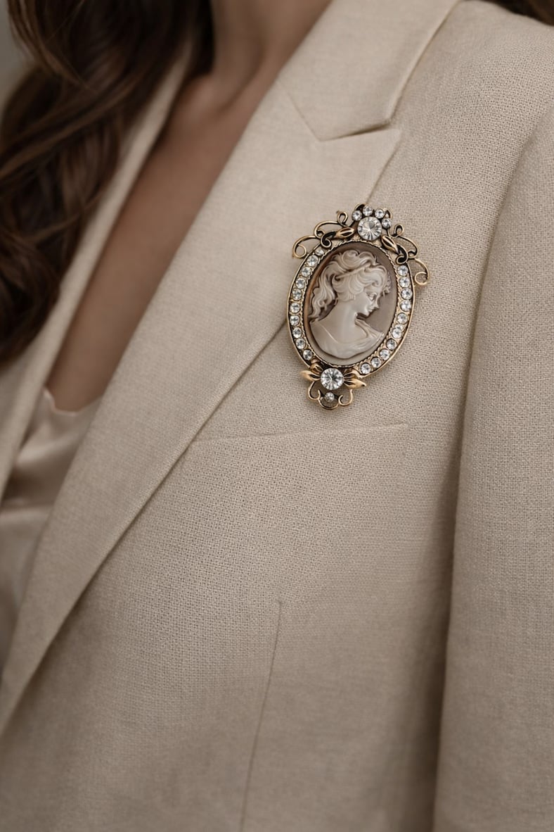 Taşlı Vintage Cameo Kadın Figürlü Metal Broş – Antik Gold Çerçeve Tasarım