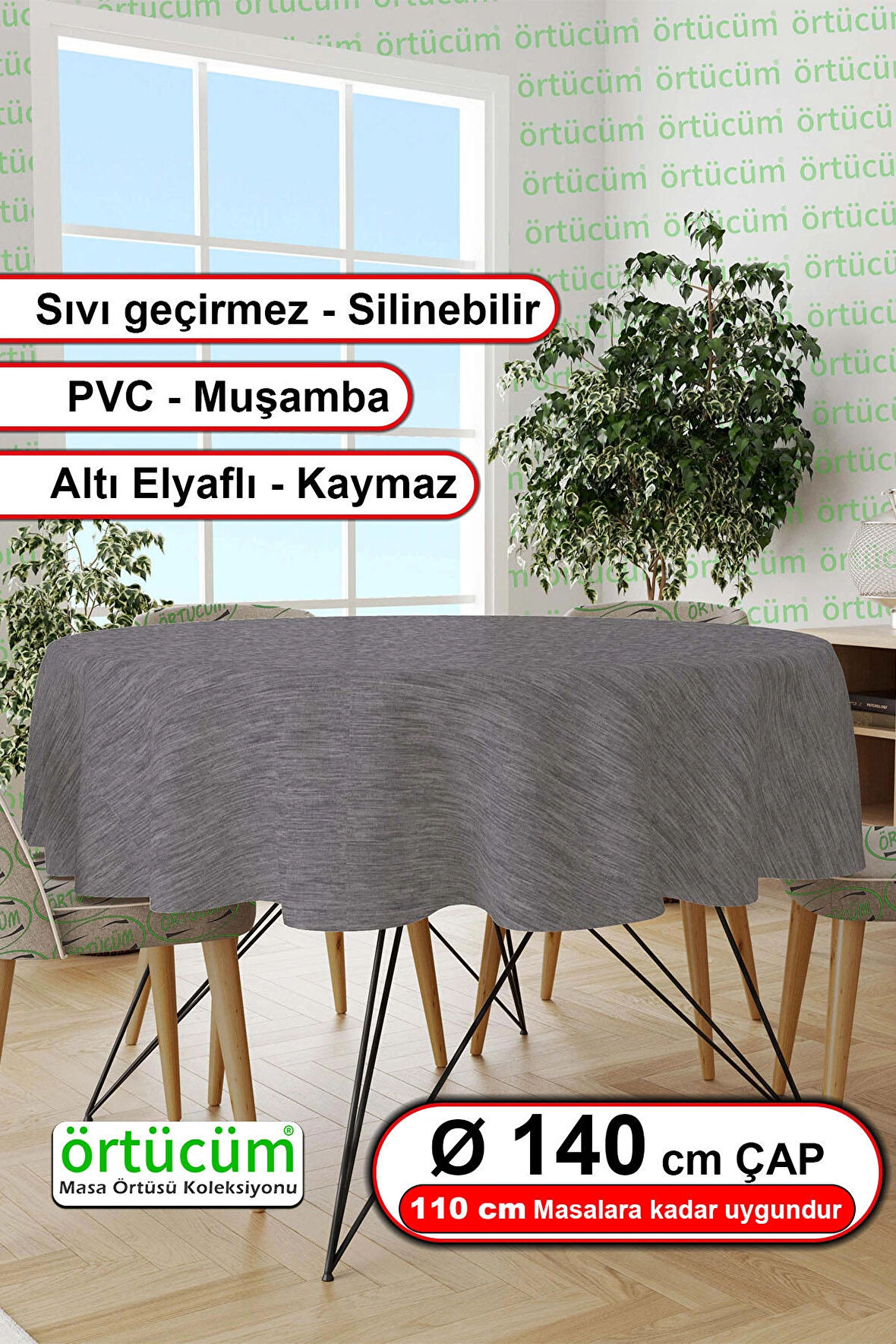 Gri Renk Desensiz Astarlı Pvc Muşamba Yuvarlak Masa Örtüsü Silinebilir Sıvı Geçirmez Mutfak