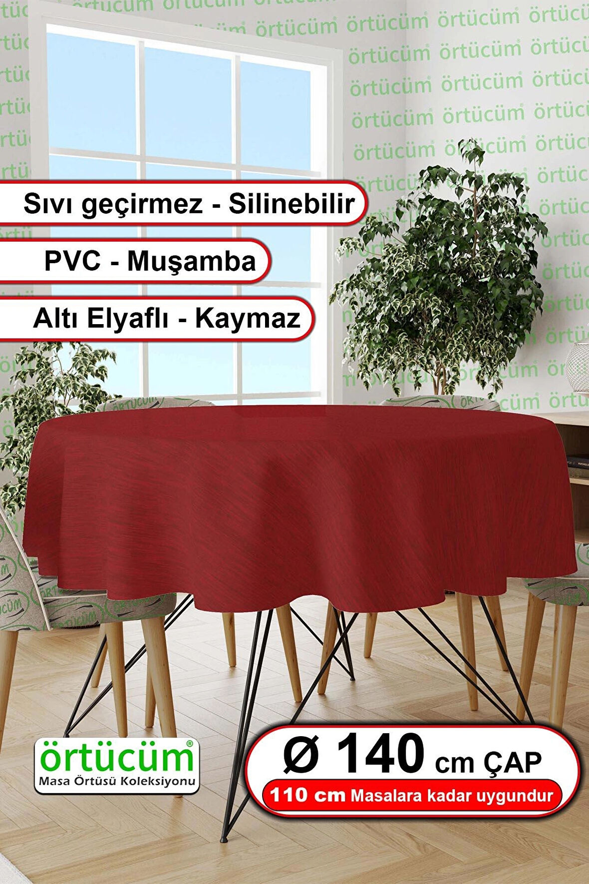 Kırmızı Renk Desensiz Astarlı Pvc Muşamba Yuvarlak Masa Örtüsü Silinebilir Sıvı Geçirmez Mutfak