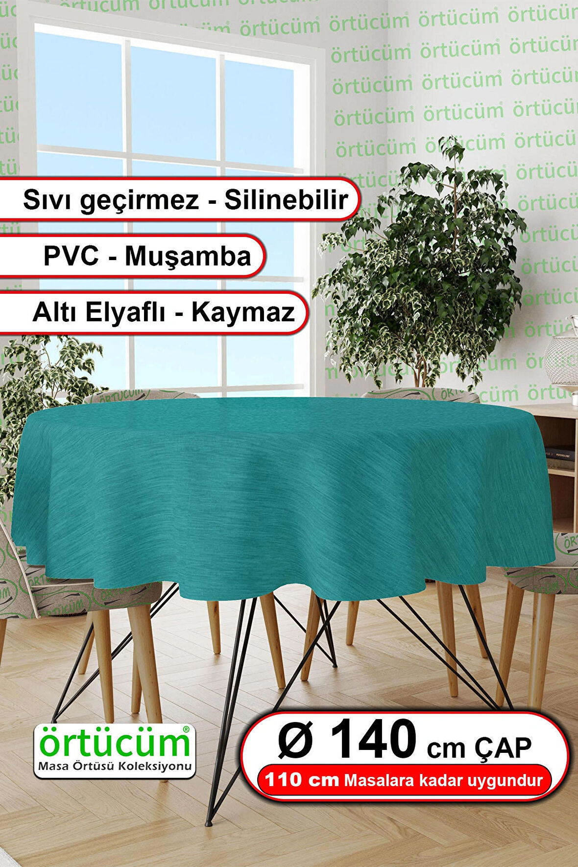 Turkuaz Renk Desensiz Astarlı Pvc Muşamba Yuvarlak Masa Örtüsü Silinebilir Sıvı Geçirmez Mutfak