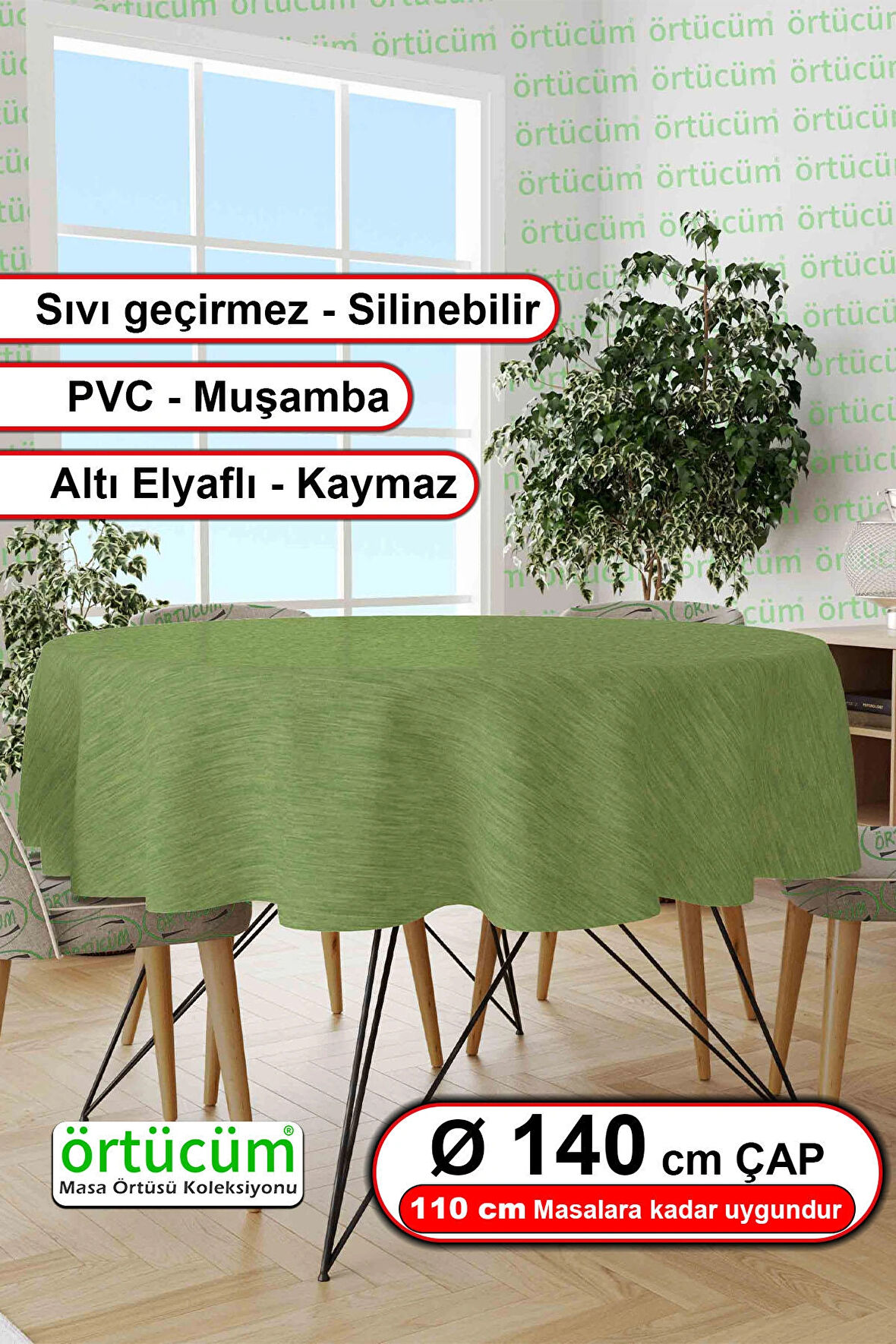 Yeşil Renk Desensiz Astarlı Pvc Muşamba Yuvarlak Masa Örtüsü Silinebilir Sıvı Geçirmez Mutfak