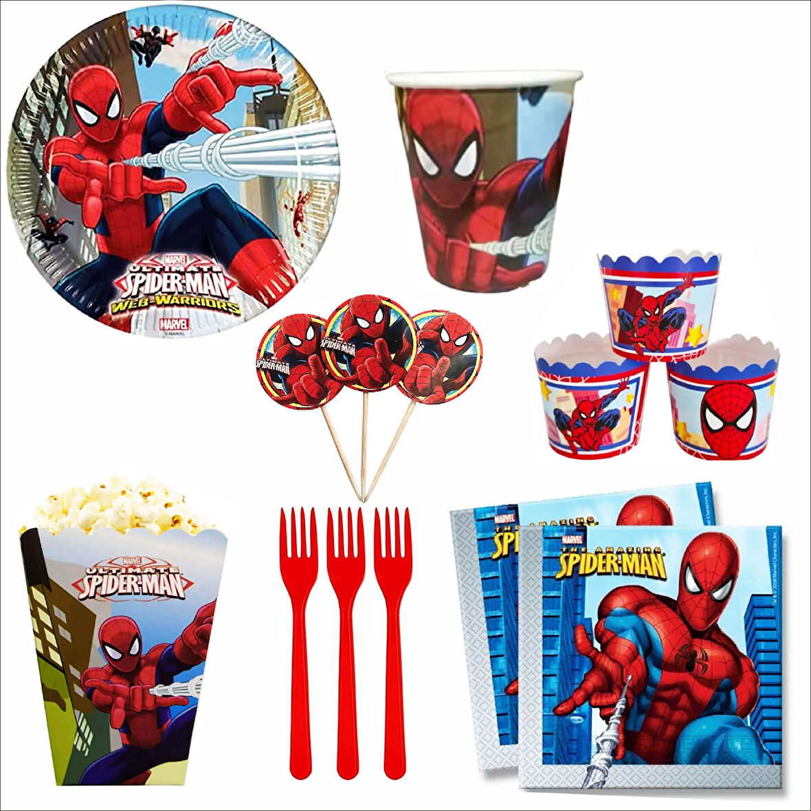 Örümcek Adam 8 Tabak, 8 Bardak, 8 Mısır Kutusu, 8 Cupcake, 10 Peçete, 10 Çatal, 10 Kürdan