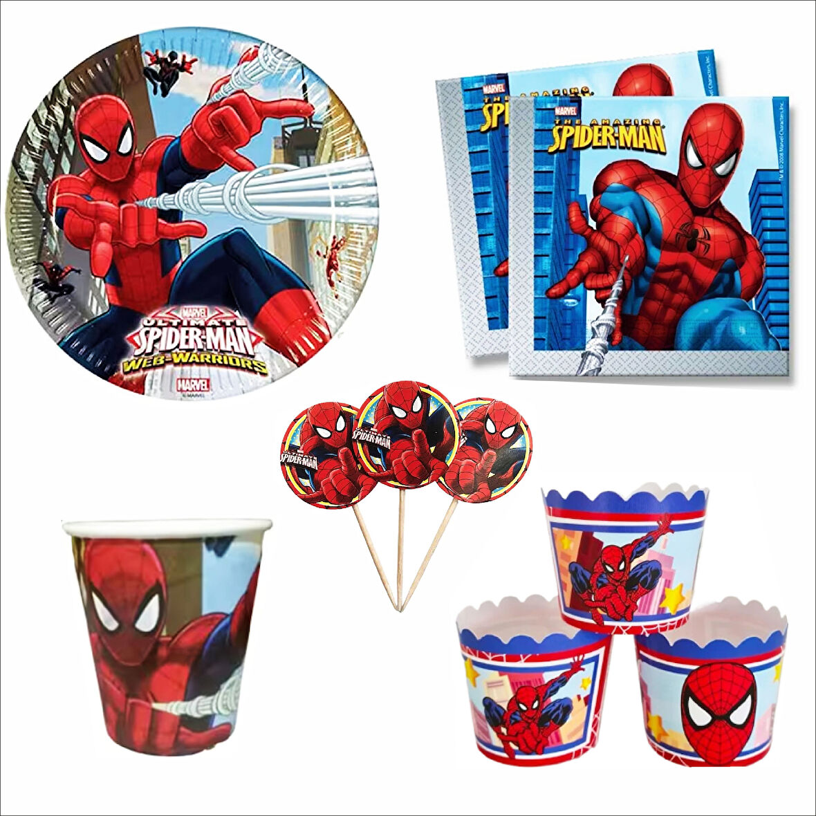 Örümcek Adam 8 Tabak, 8 Bardak, 8 Cupcake, 10 Peçete, 10 Kürdan