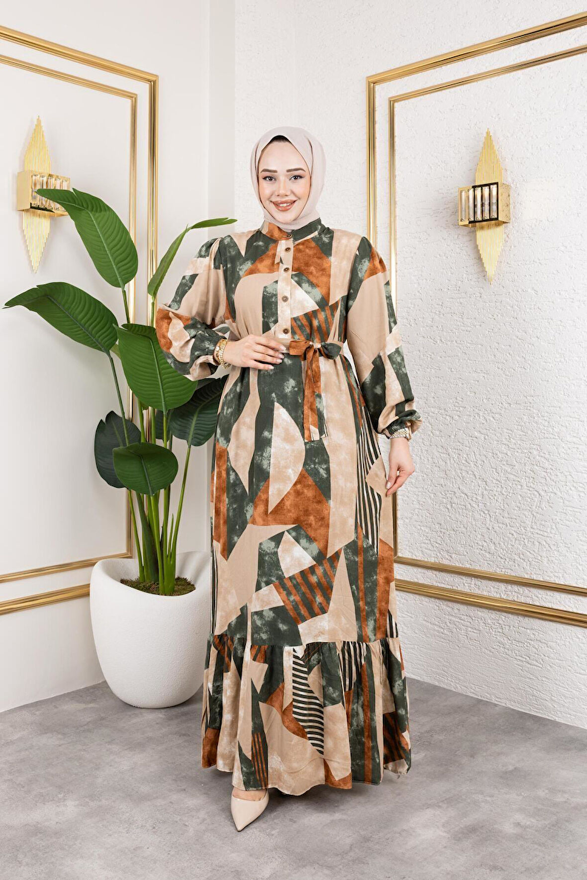 Kadın Kuşaklı Viskon Tesettür Elbise