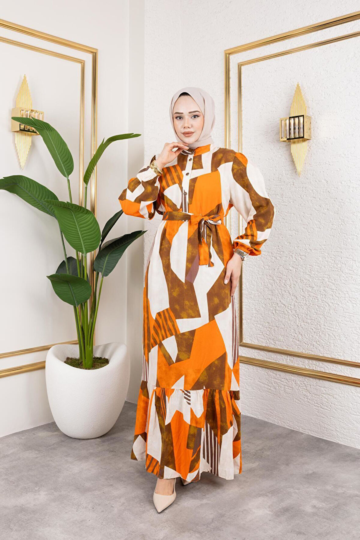 Kadın Kuşaklı Viskon Tesettür Elbise