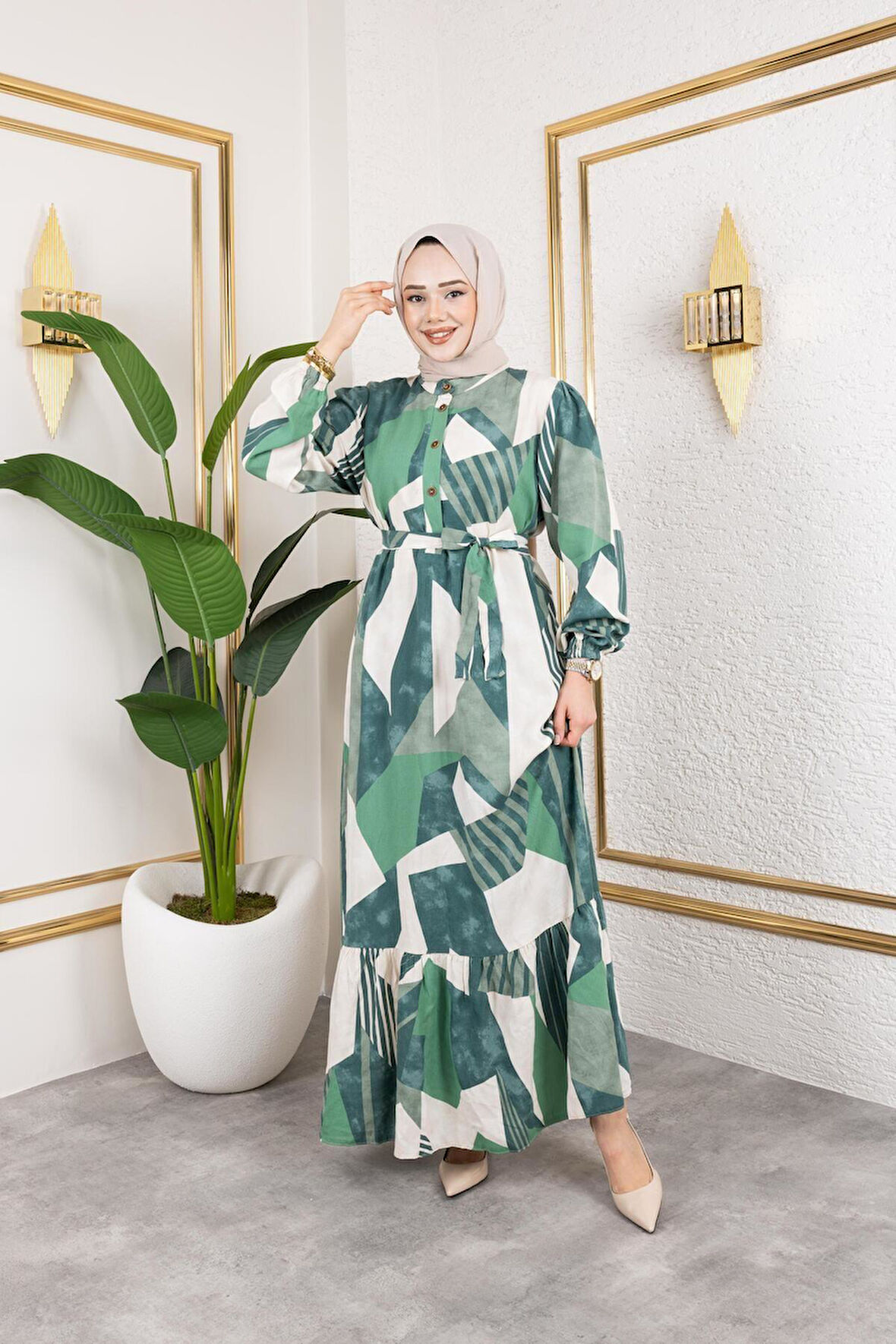 Kadın Kuşaklı Viskon Tesettür Elbise