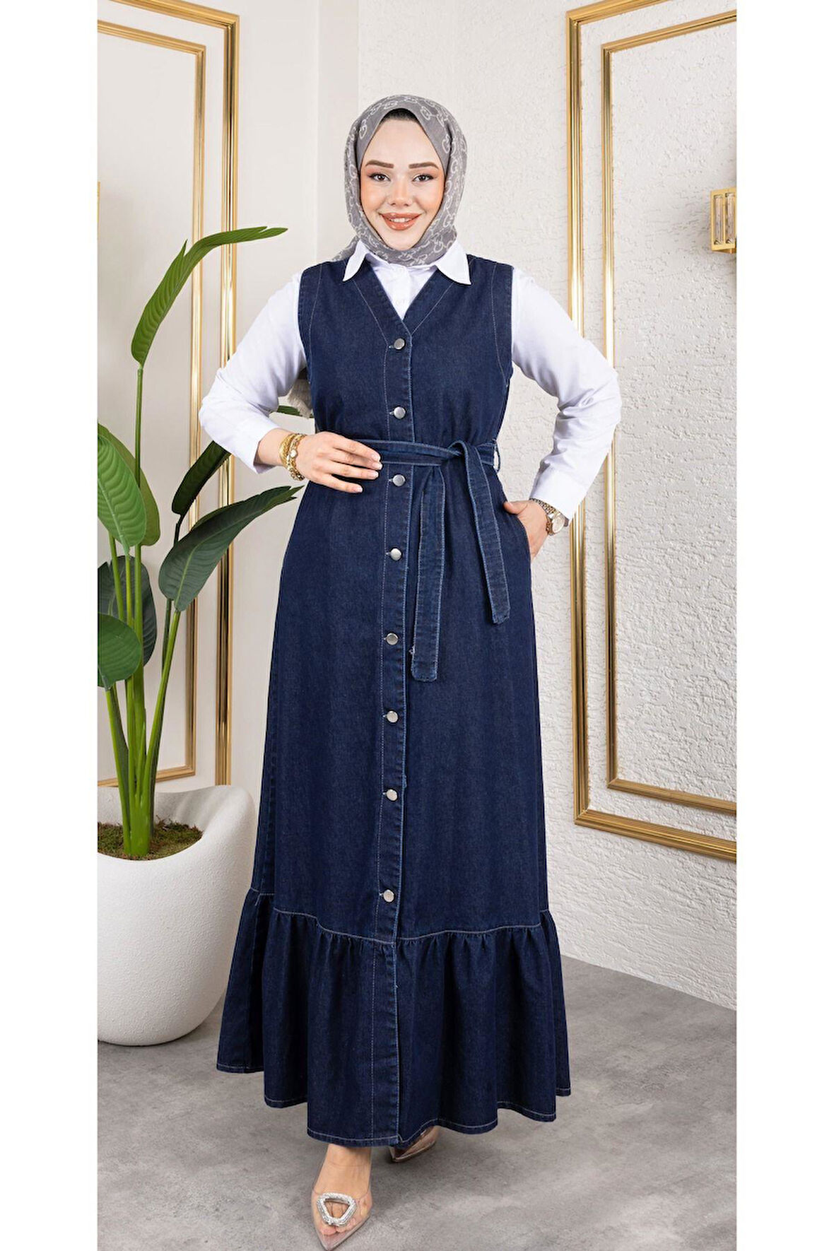 Kadın Düğmeli Kuşaklı Kot Jile