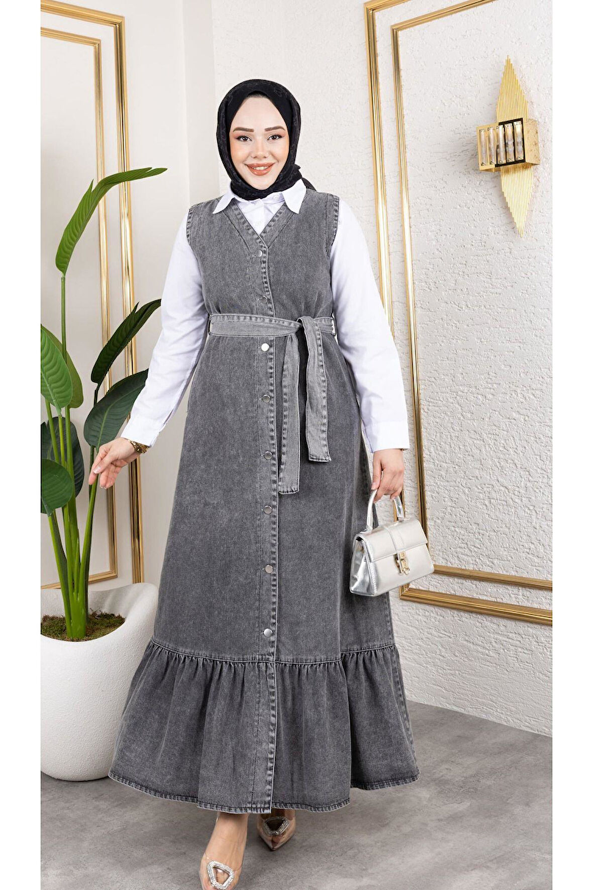 Kadın Düğmeli Kuşaklı Kot Jile