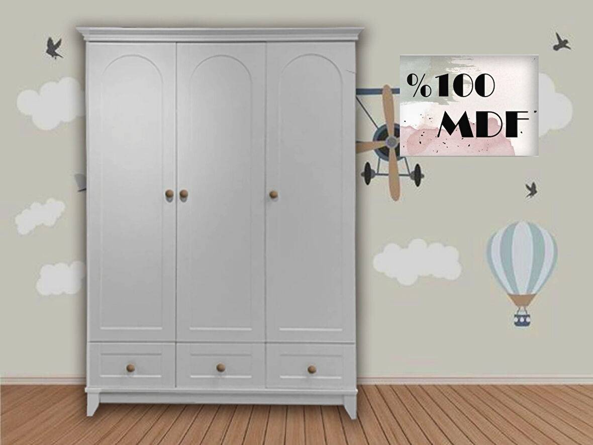 %100 MDF Oslo Düz Desen 3 Kapılı Bebek & Çocuk Gardırop