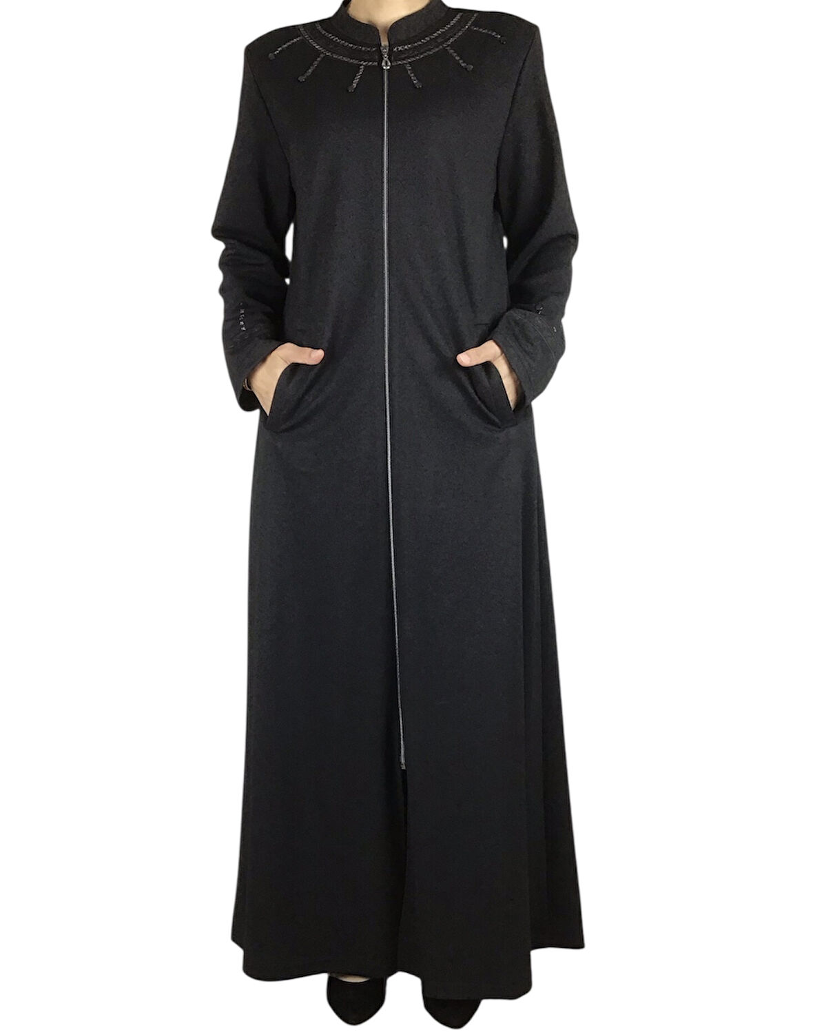 KADIN HAKİM YAKA İŞLEMELİ ÖNÜ FERMUARLI KOL AĞZI İŞLEMELİ MEVSİMLİK FERACE