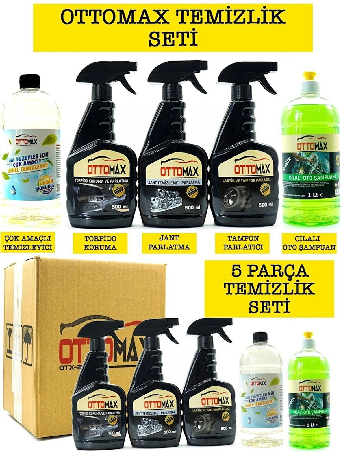 Ottomax Premium 5 Parça Araç Içi Torpido Jant Lastik Tampon Şampuan Çok Amaçlı Temizlik Seti