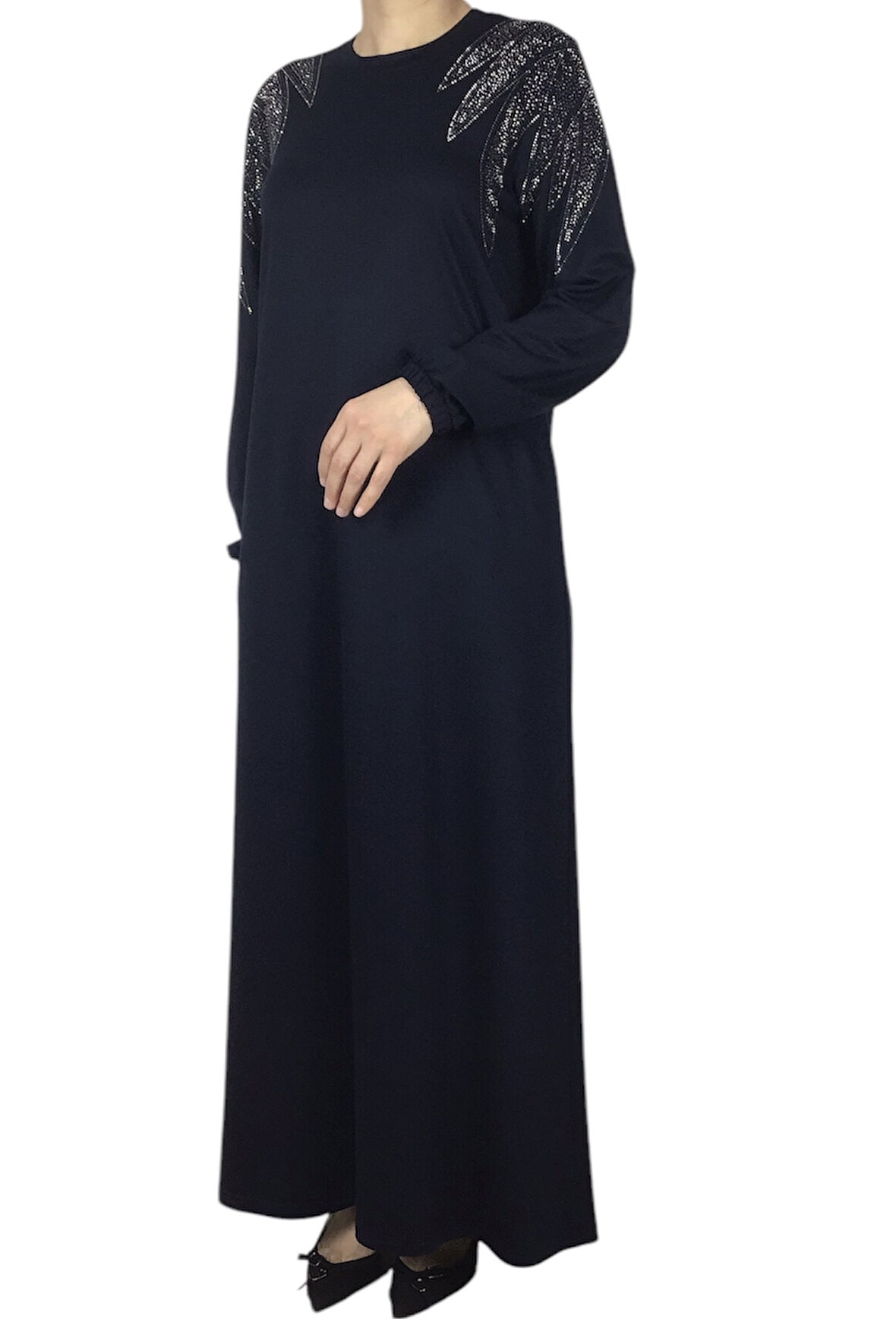 KADIN OMUZU TAŞLI KOLLARI LASTİKLİ KRİSTAL İKİ İPLİK PENYE ELBİSE