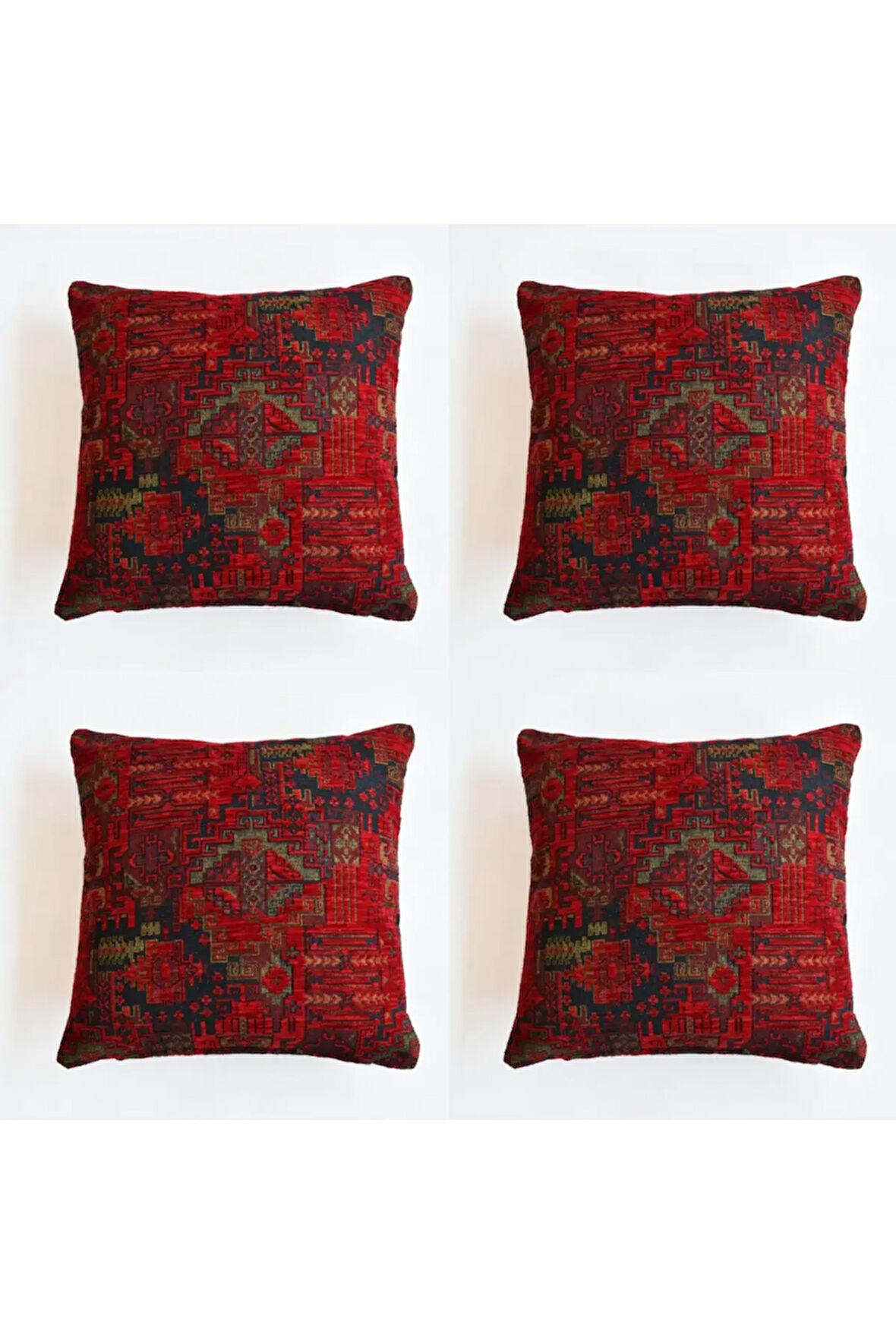 Kilim Desenli Dekoratif Yastık Kılıfı 4'lü Çift Taraflı Şönil Dokuma Gizli Fermuarlı Kırlent Kılıfı